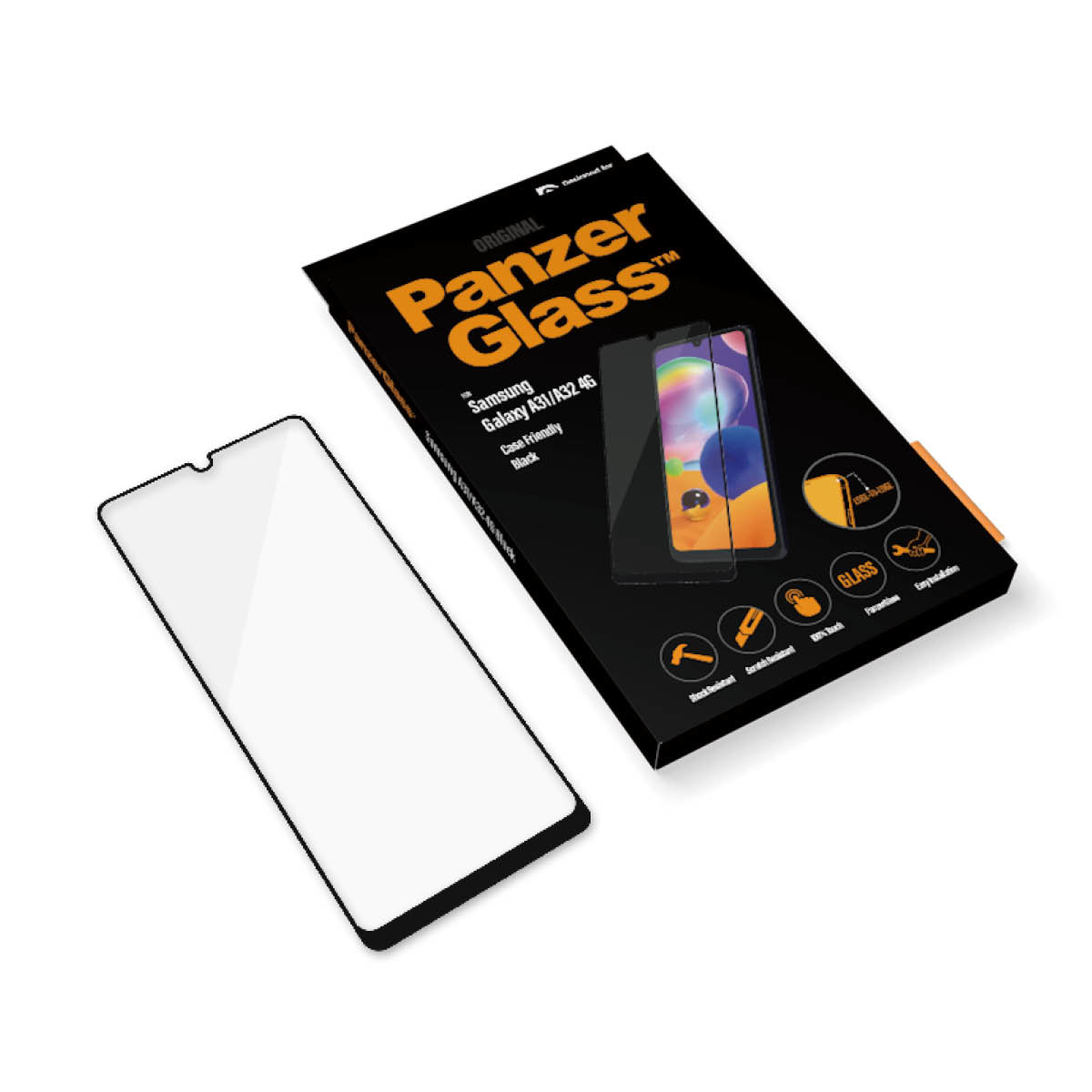 Schachtel und Displayschutzfolie für Samsung Galaxy. Schutzfolie und Schachtel liegen auf weißem Untergrund.