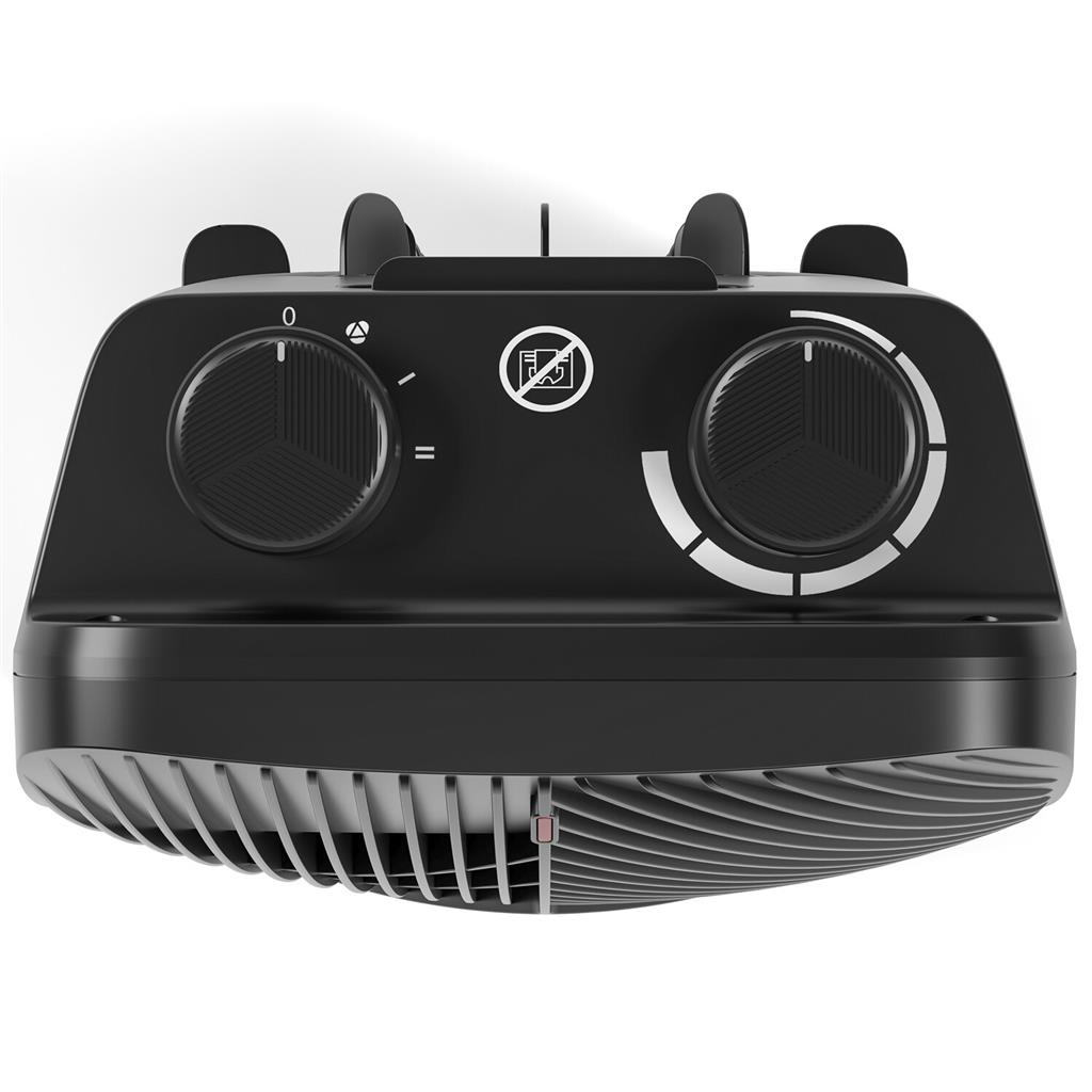 Czarny grzejnik z pokrętłami na górze, z perspektywy z góry, z białym tłem.