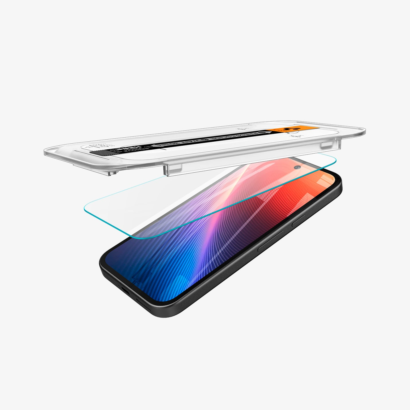 Ochraniacz ekranu smartfona z telefonem i aplikatorem na białym tle.