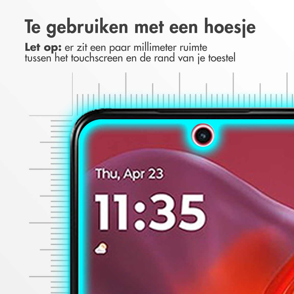 Protecteur d'écran de téléphone. Le bord d'un téléphone est mis en évidence par un contour bleu. Texte en néerlandais.