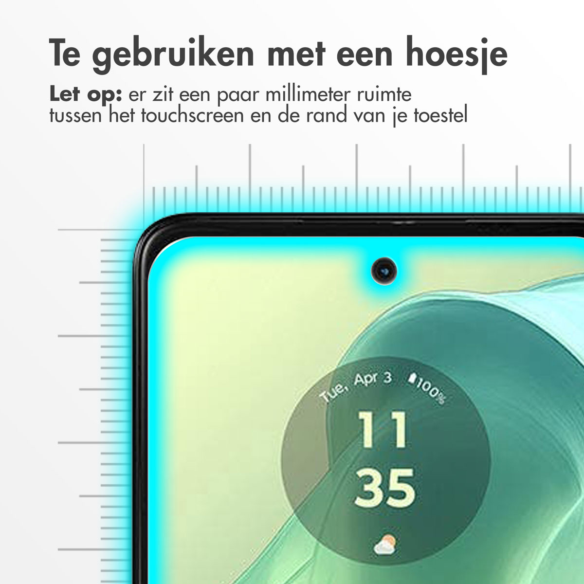 Close-up van een telefoonscherm met een hole-punch camera. Toont tijd en datum.
