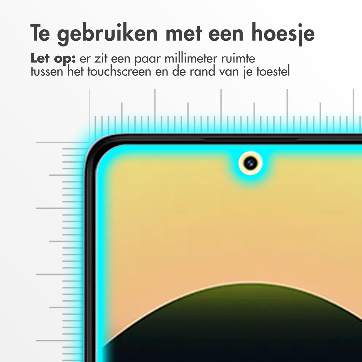 Close-up van een schermbeschermer met een liniaal, de rand tonend.