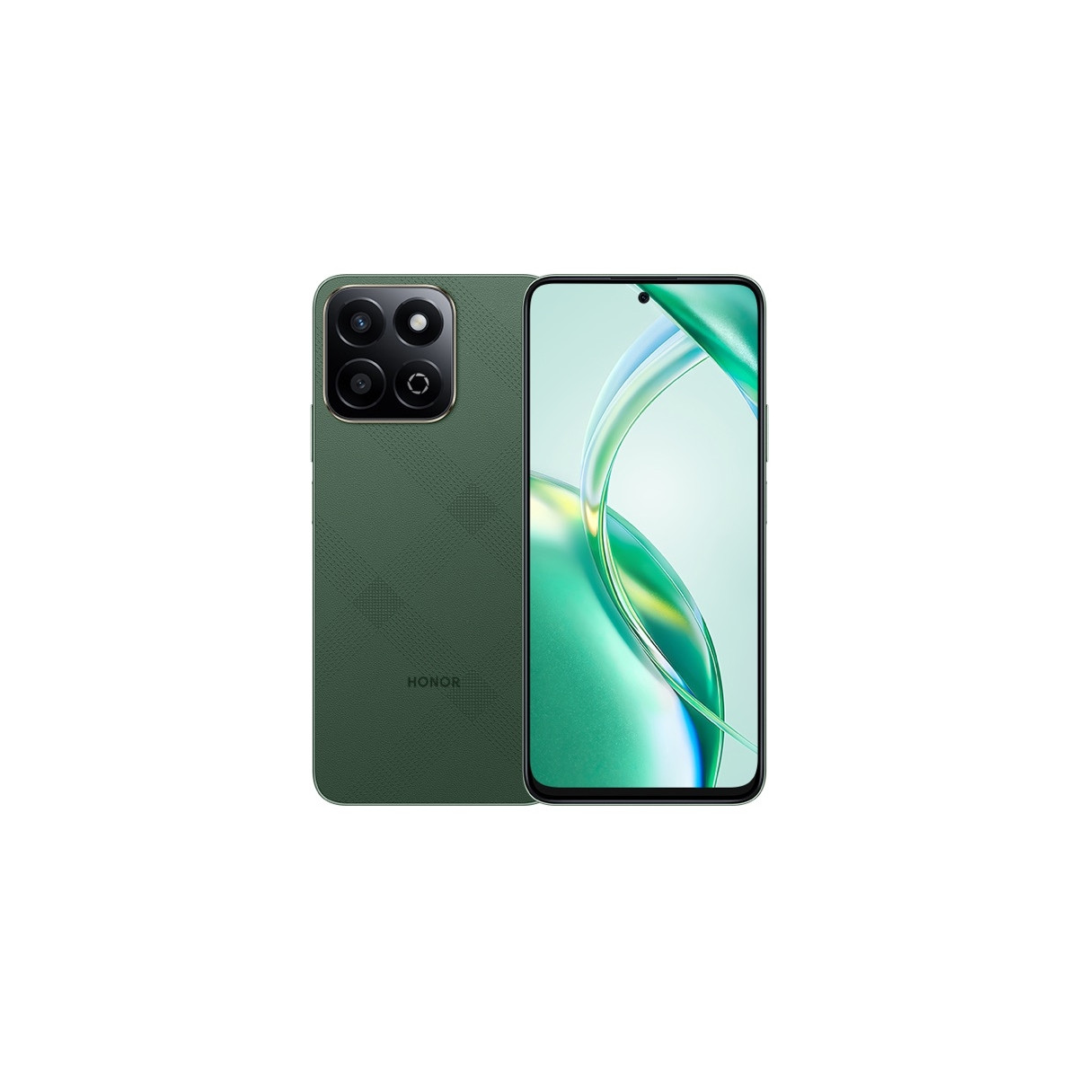 Zielony telefon Honor z obiektywami aparatu. Ekran jest włączony. Białe tło.