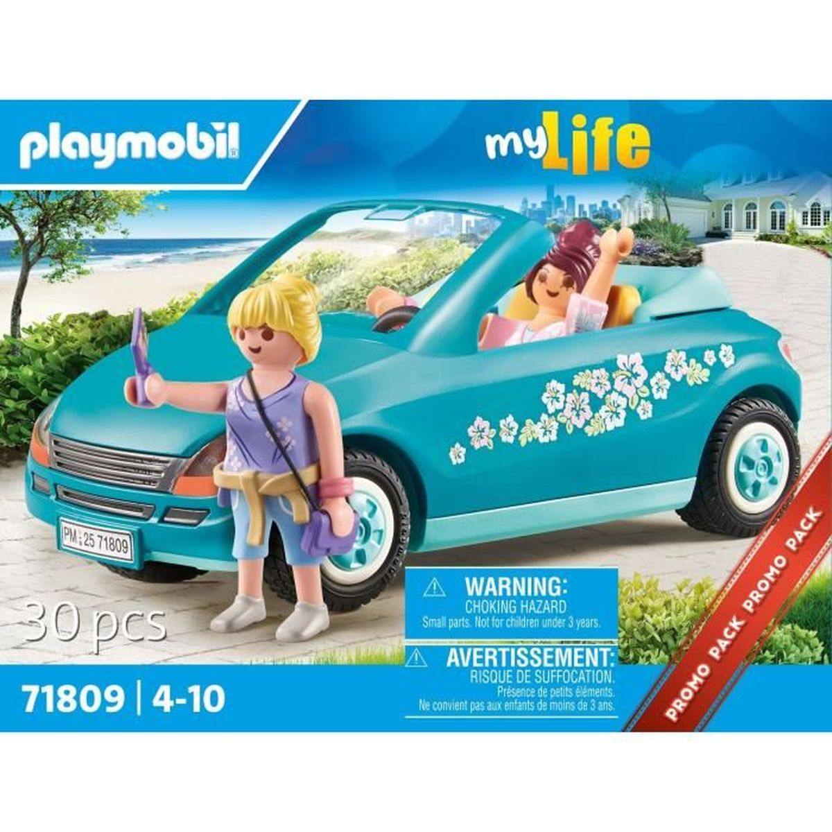 Samochód Playmobil z dwiema figurkami. Jedna figurka trzyma lustro.