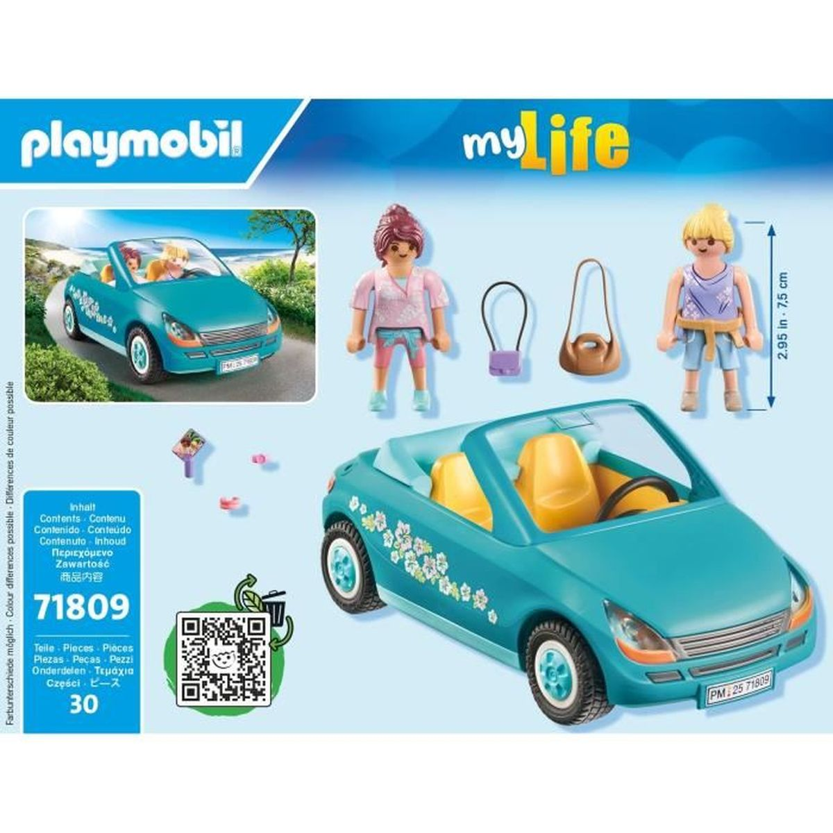 Zestaw zabawek Playmobil z niebieskim kabrioletem, figurkami i akcesoriami.