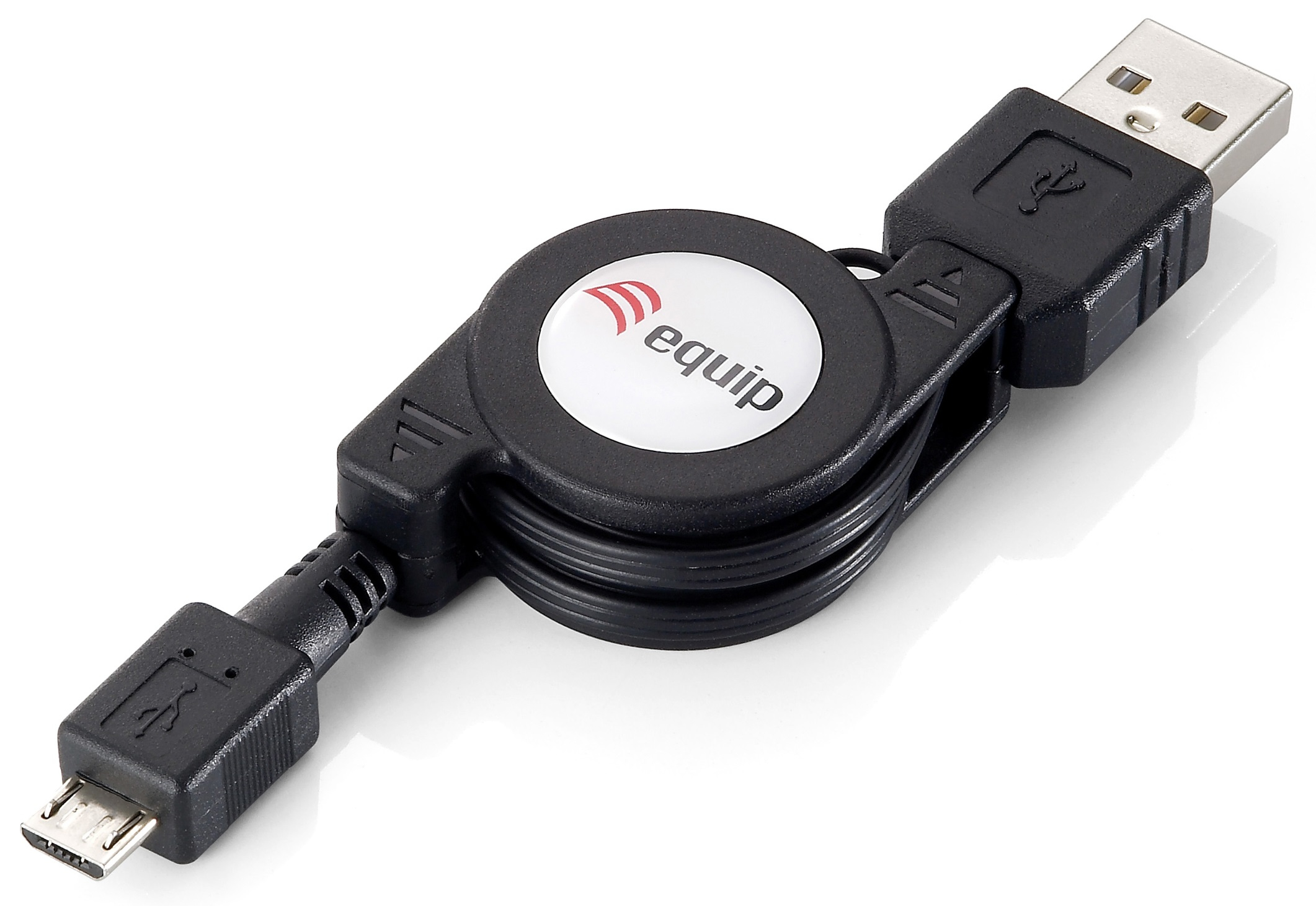 Cavo USB retrattile nero con connettori USB e micro-USB. Sfondo bianco.