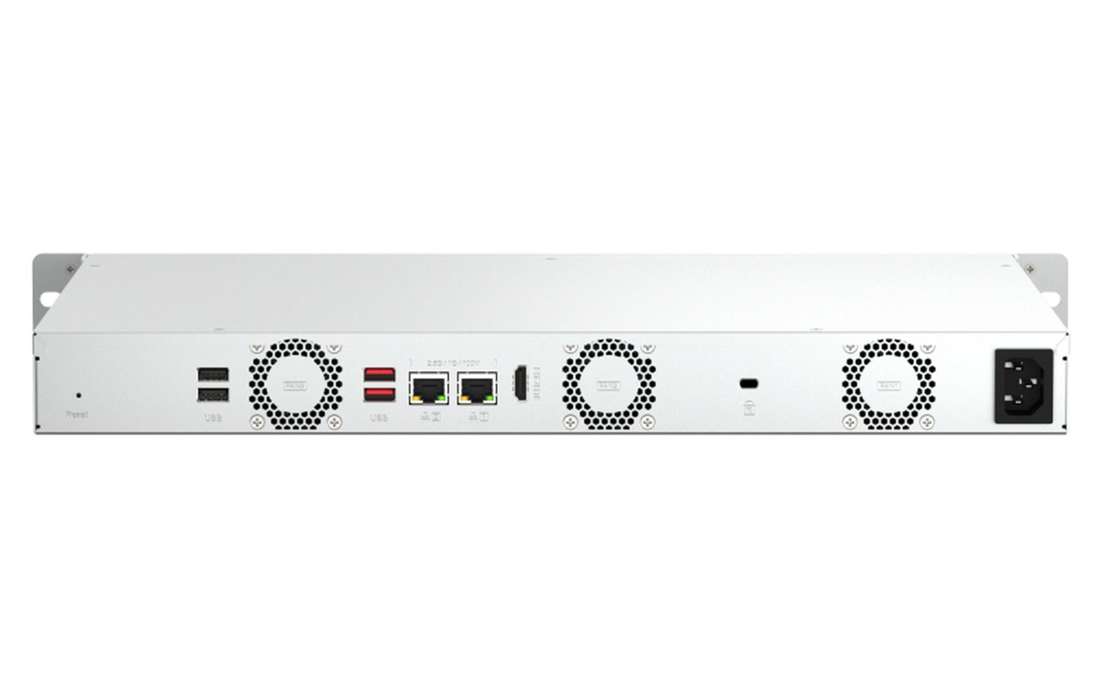 Rückansicht eines Servers mit mehreren Lüftern, Anschlüssen und einem Stromanschluss auf weißem Hintergrund.