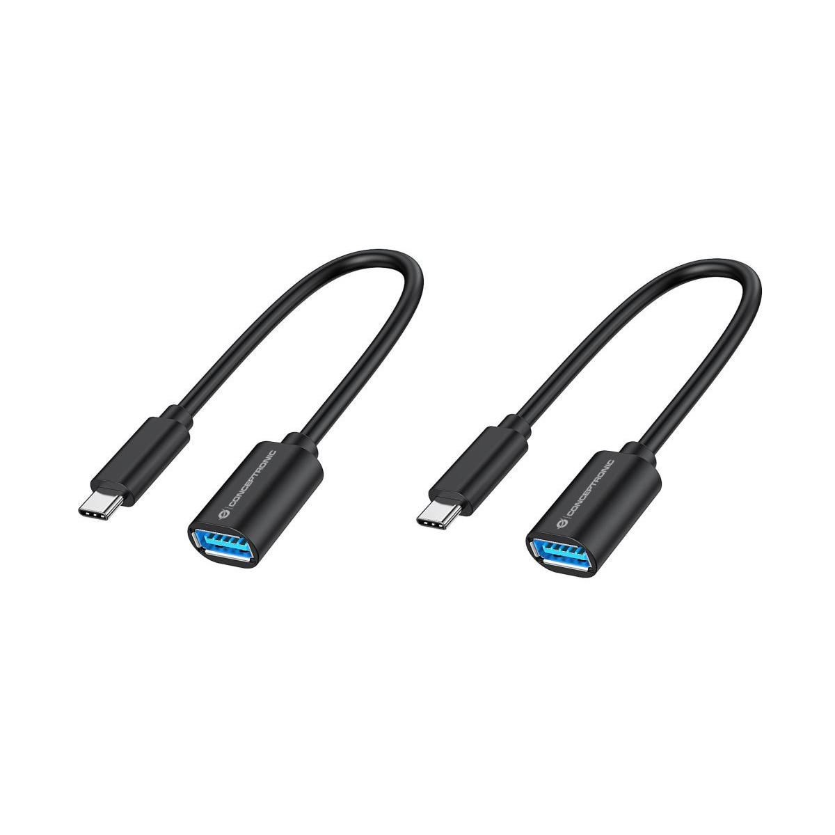 Deux adaptateurs noirs USB-C vers USB-A. Le logo Conceptronic est visible sur les côtés.