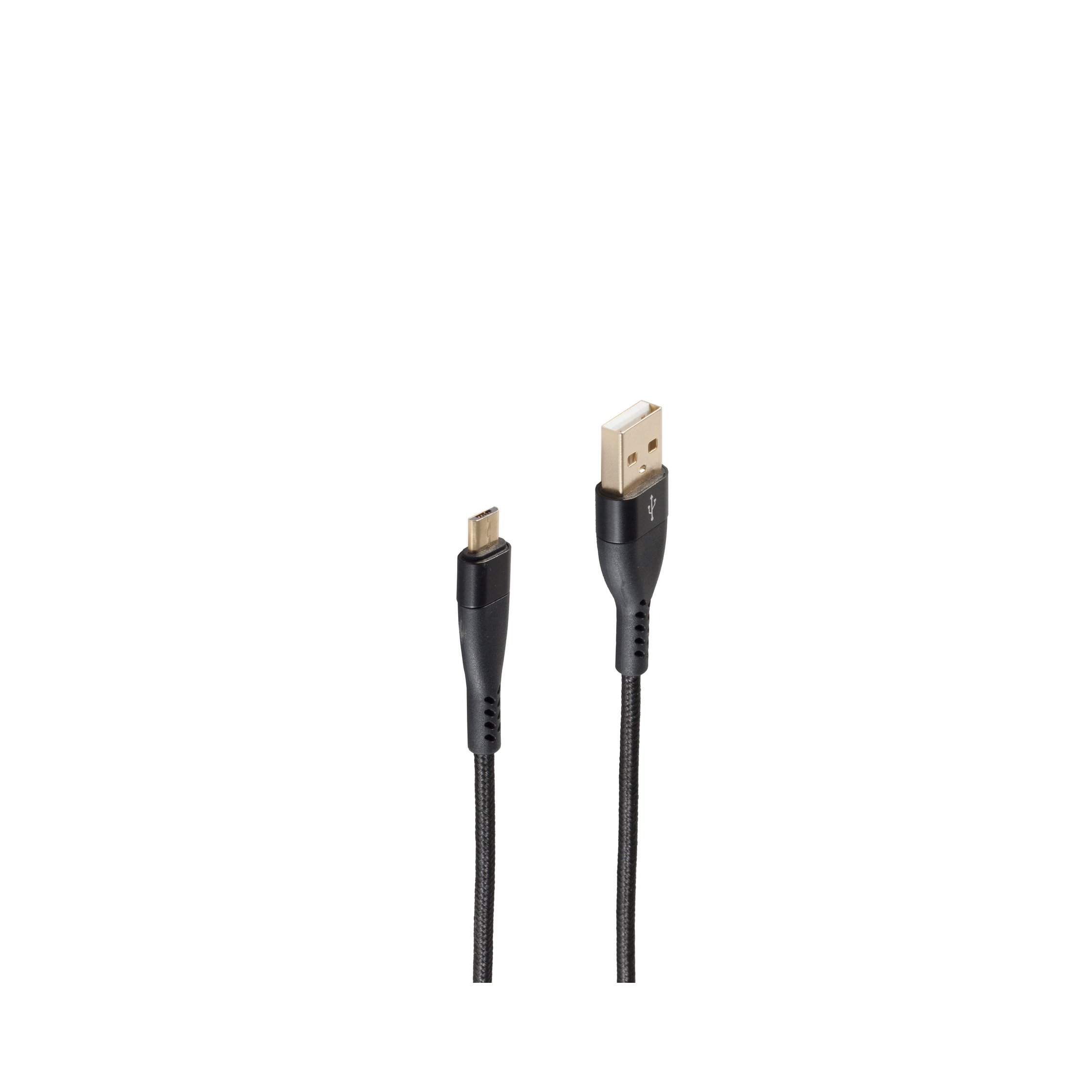 Schwarzes USB-Kabel mit zwei Steckern auf weißem Hintergrund.
