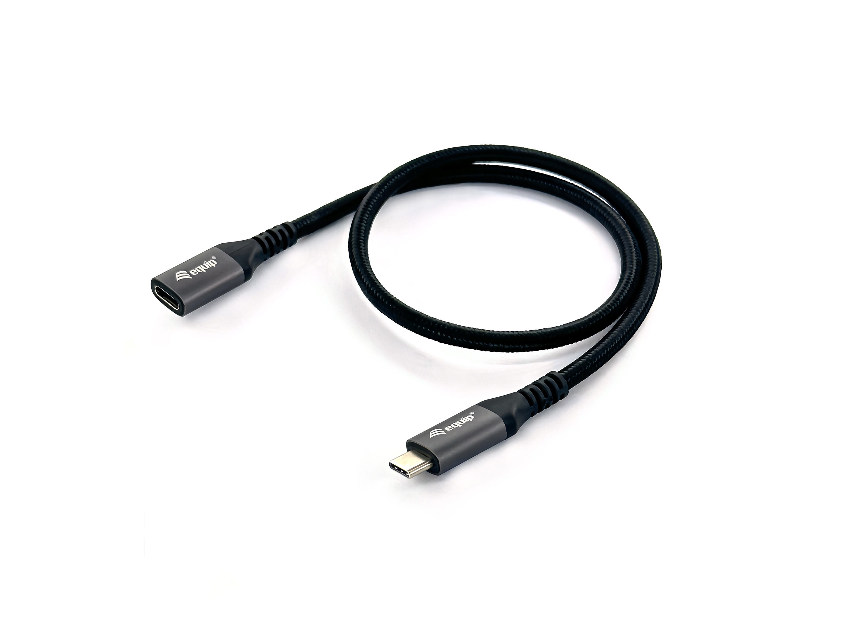 Zwarte USB-C naar USB-C-kabel met grijze connectoren, met 'equip' merk, op een witte achtergrond.