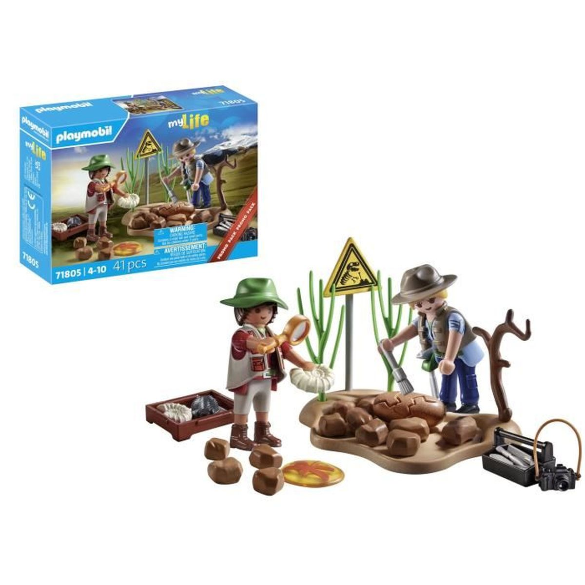 Zestaw zabawek Playmobil z odkrywcami kopiącymi w piasku. Zawiera figurki, narzędzia i pudełko. Tło jest białe.