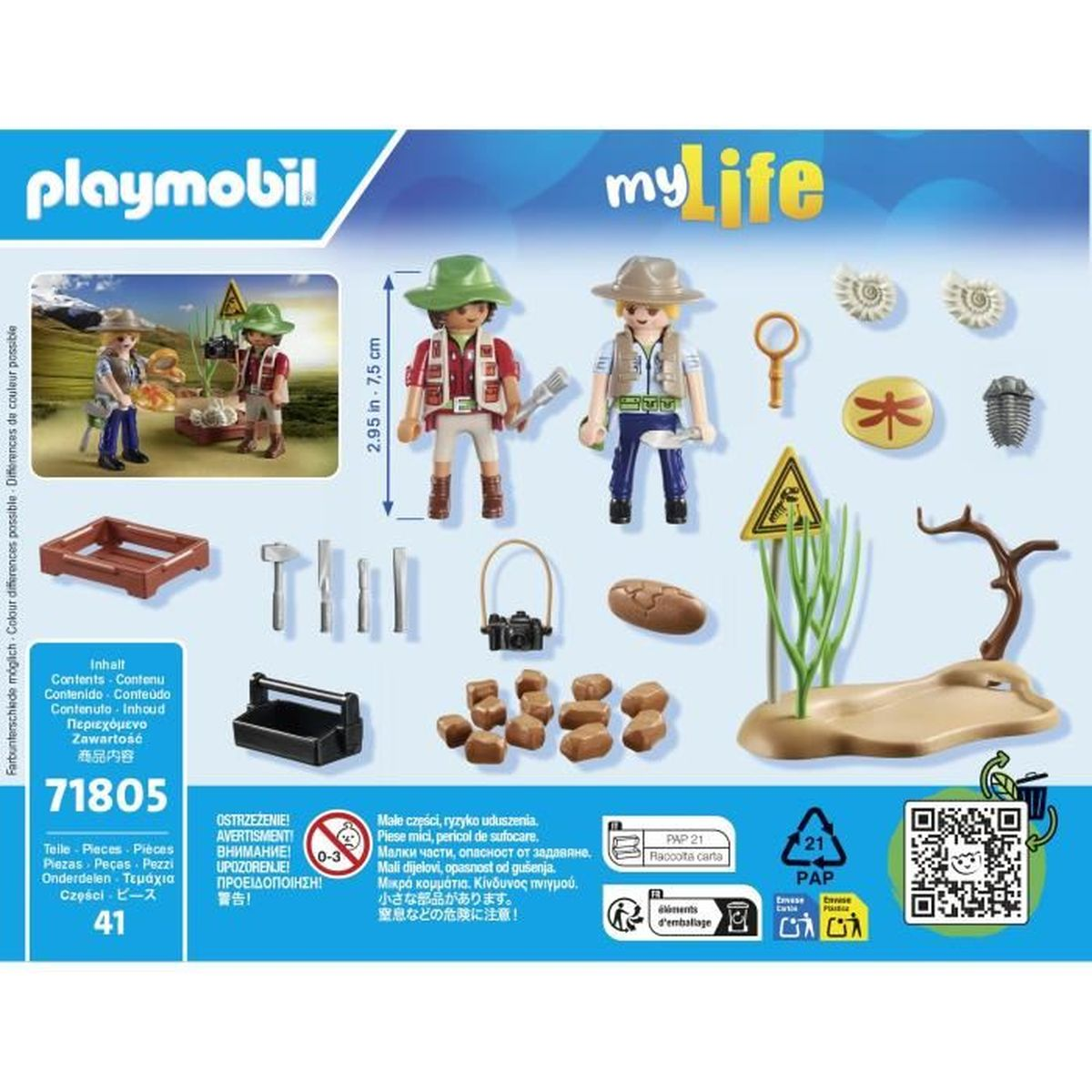 Zestaw Playmobil z dwiema figurkami, akcesoriami i tekstem. Tło zawiera logo i inne elementy.