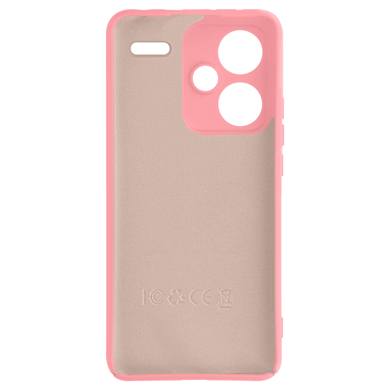 Funda de teléfono rosa, interior. Interior marrón claro con recortes de cámara y orificios para botones.