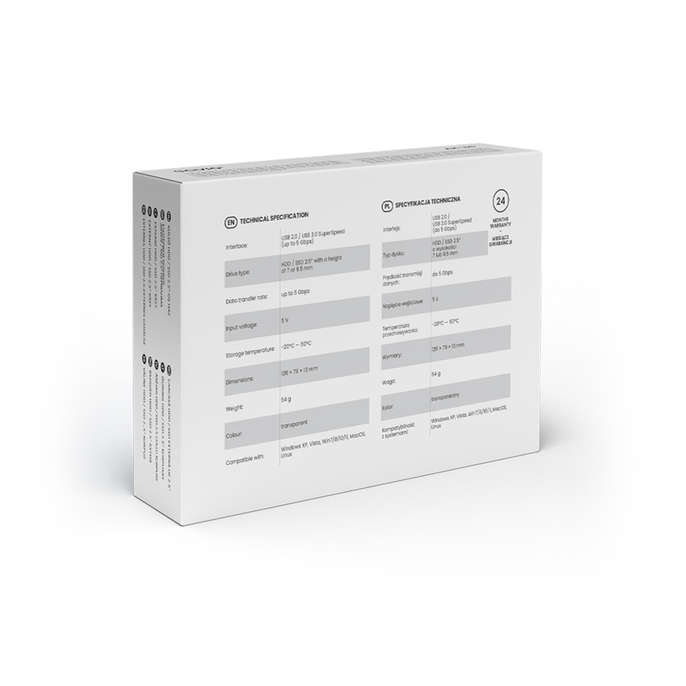 Technische specificatiebox, met tekst in het Engels en Pools, witte achtergrond.