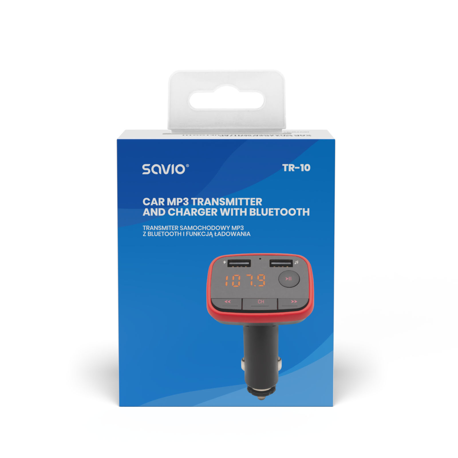 Auto MP3 zenderbox met productnaam en een display met 107.9. De box staat op een witte achtergrond.