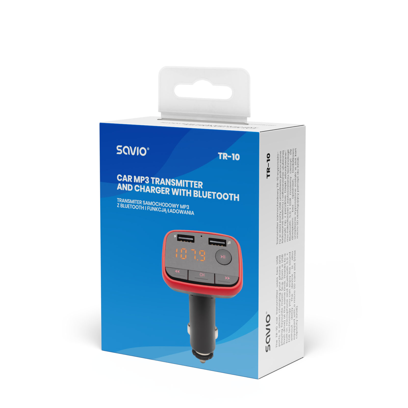 Savio auto MP3-zender en oplader met Bluetooth in verpakking.