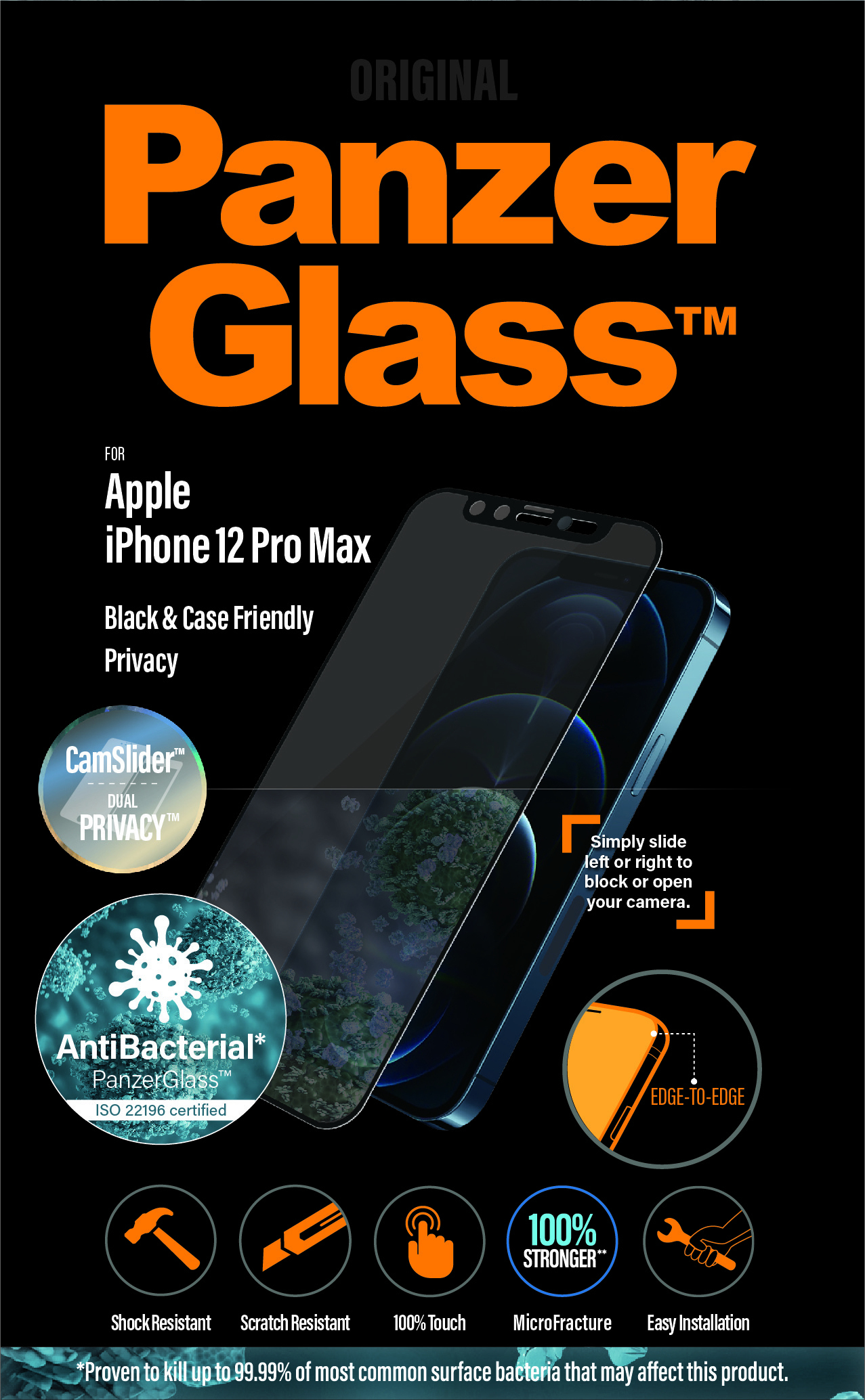 Proteggi schermo Panzer Glass nero per iPhone 12 Pro Max. Con schermo privacy e antibatterico.