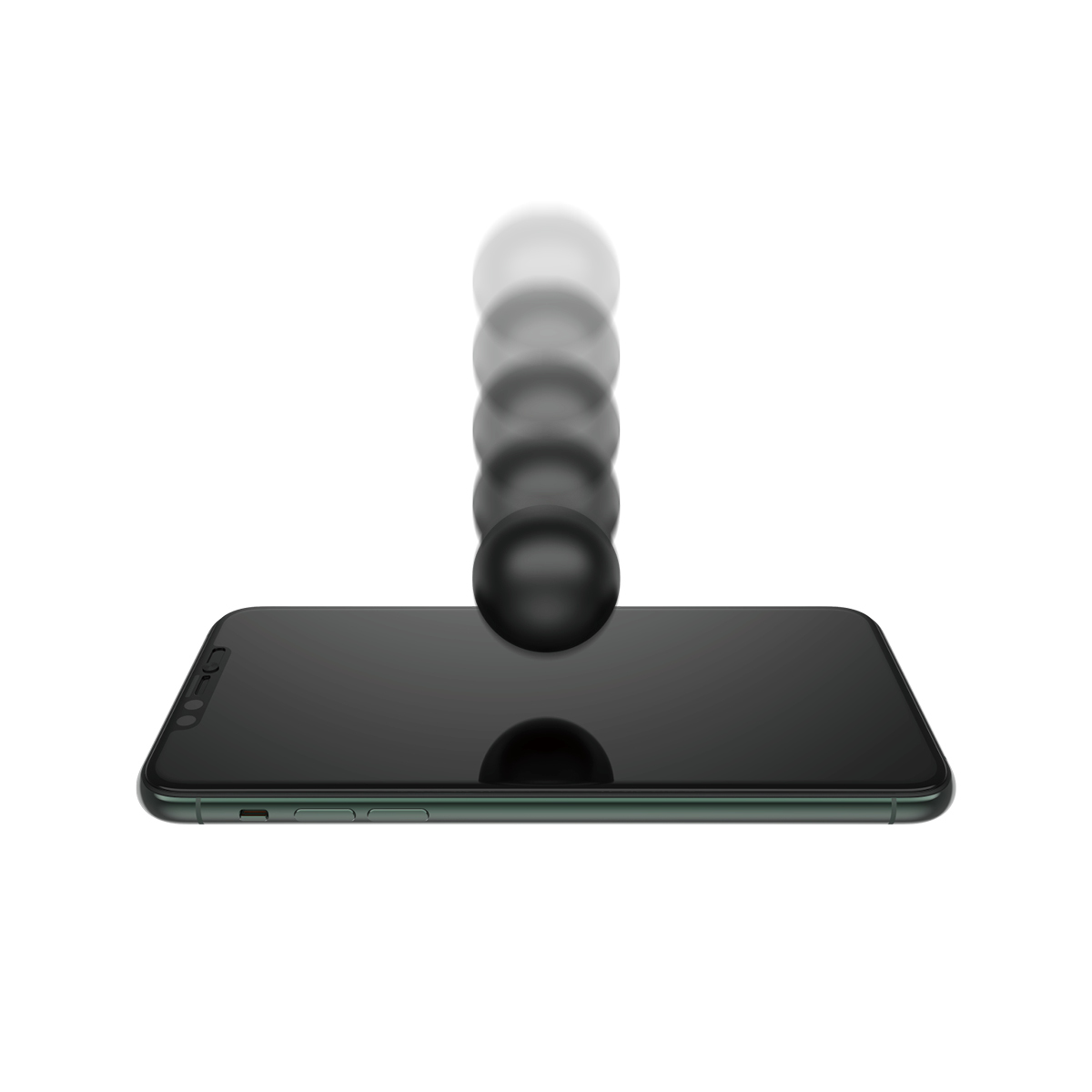 Una palla nera sta cadendo sullo schermo di un telefono, con una scia di palle sfocate. Il telefono è verde.
