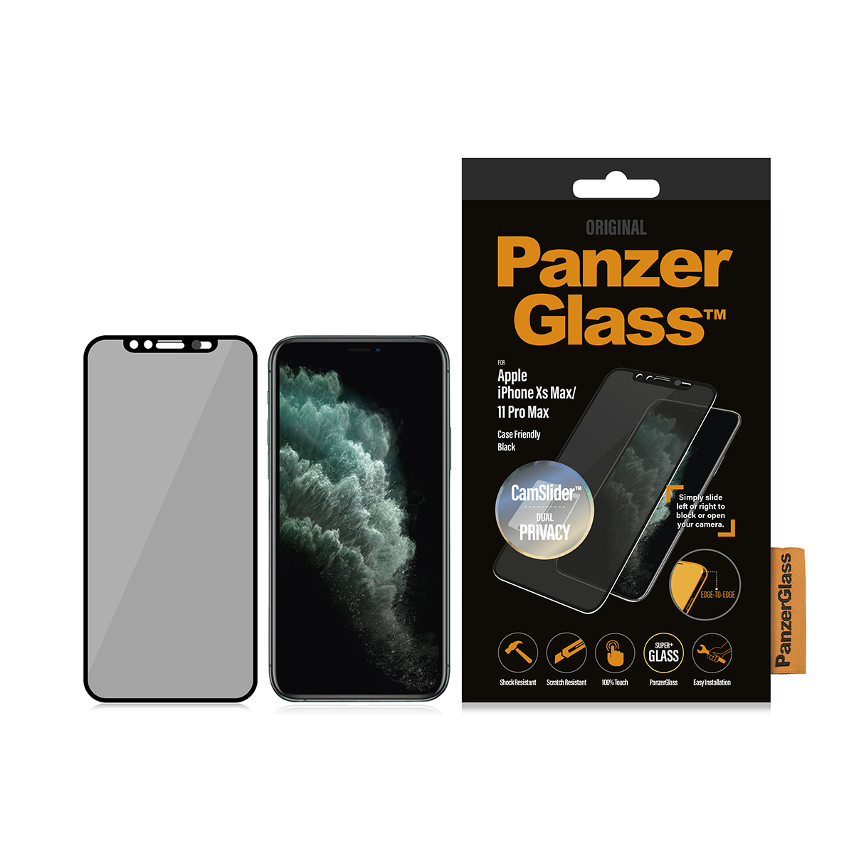 Confezione proteggi schermo Panzer Glass e iPhone Xs Max con schermo privacy, compatibile con custodia nera.