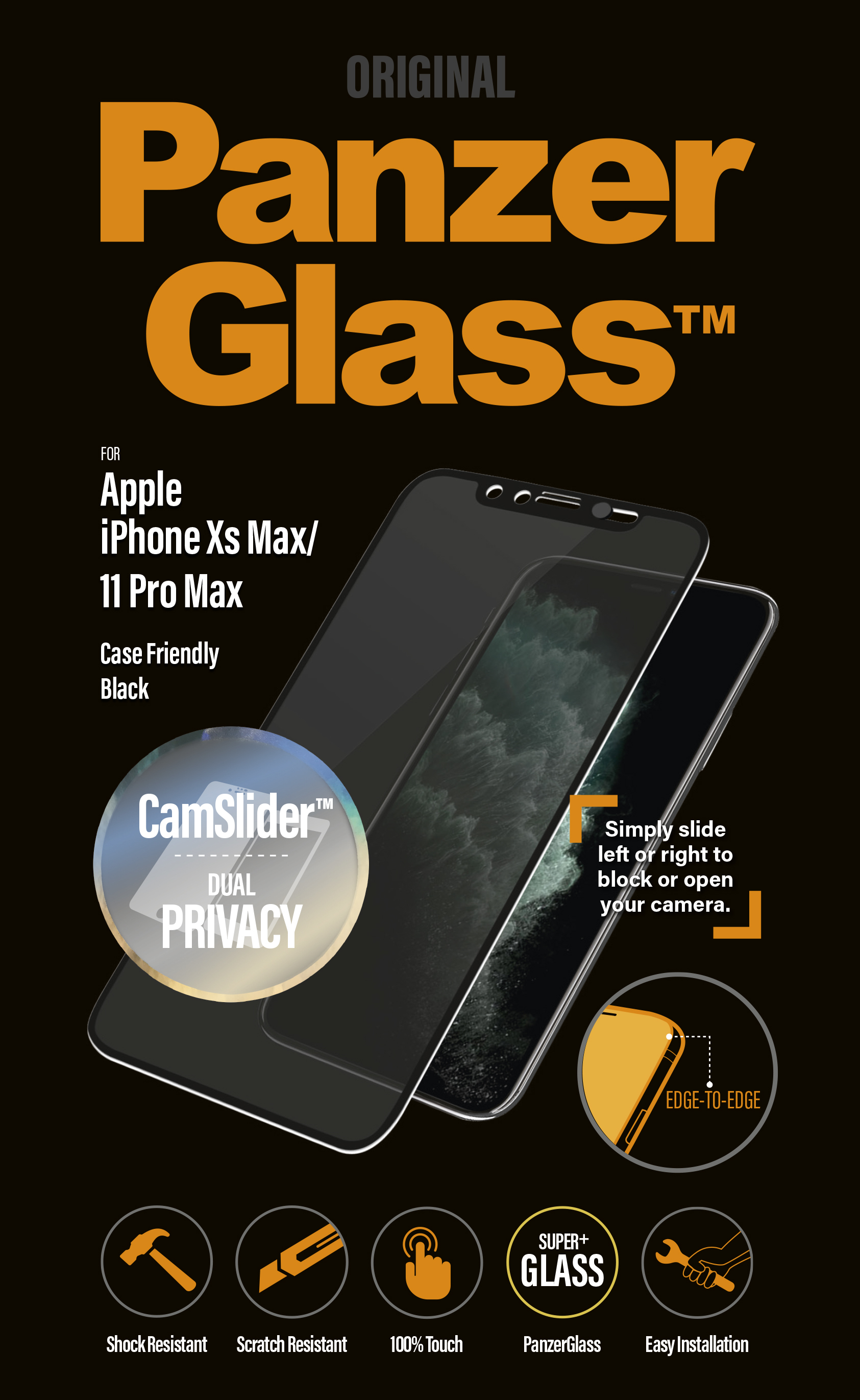 Proteggi schermo Panzer Glass, iPhone Xs Max con schermo privacy, compatibile con custodia nera.
