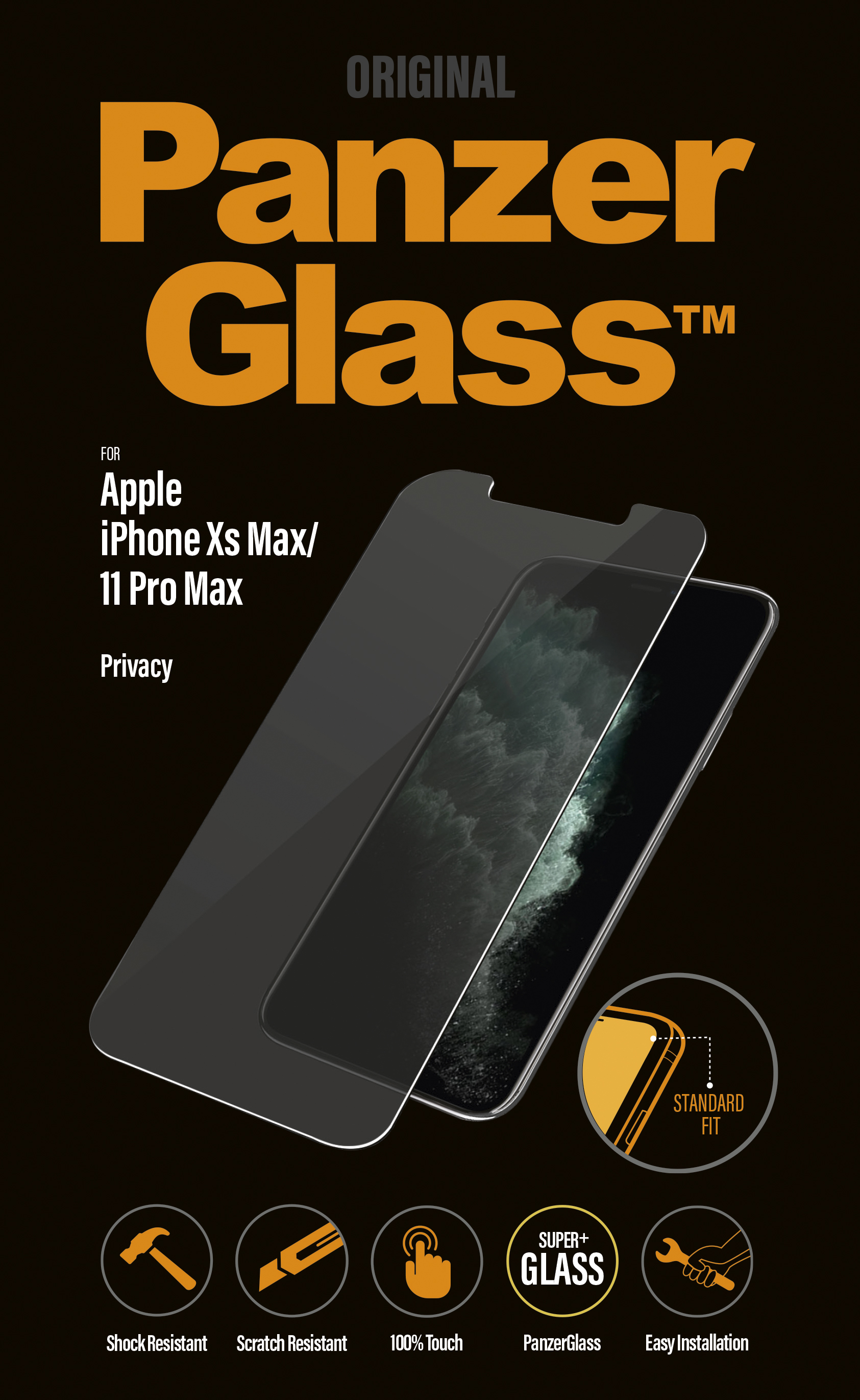 Proteggi schermo Panzer Glass per iPhone Xs Max/11 Pro Max. Schermo privacy e compatibile con custodia nera.