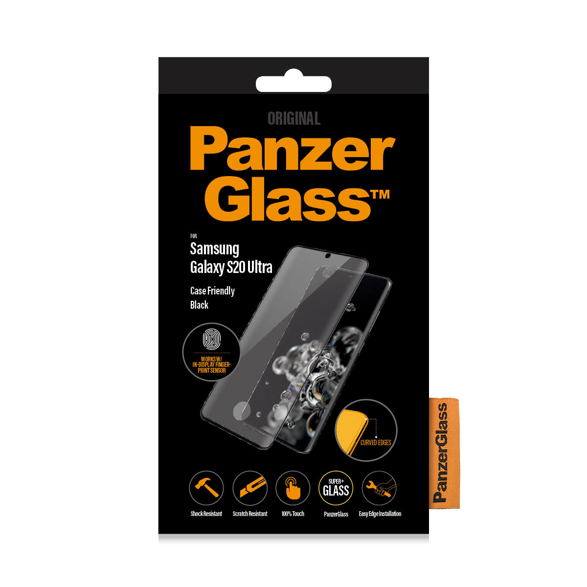 Confezione proteggi schermo Panzer Glass e telefono, compatibile con custodia nera. Per Samsung Galaxy S20 Ultra.