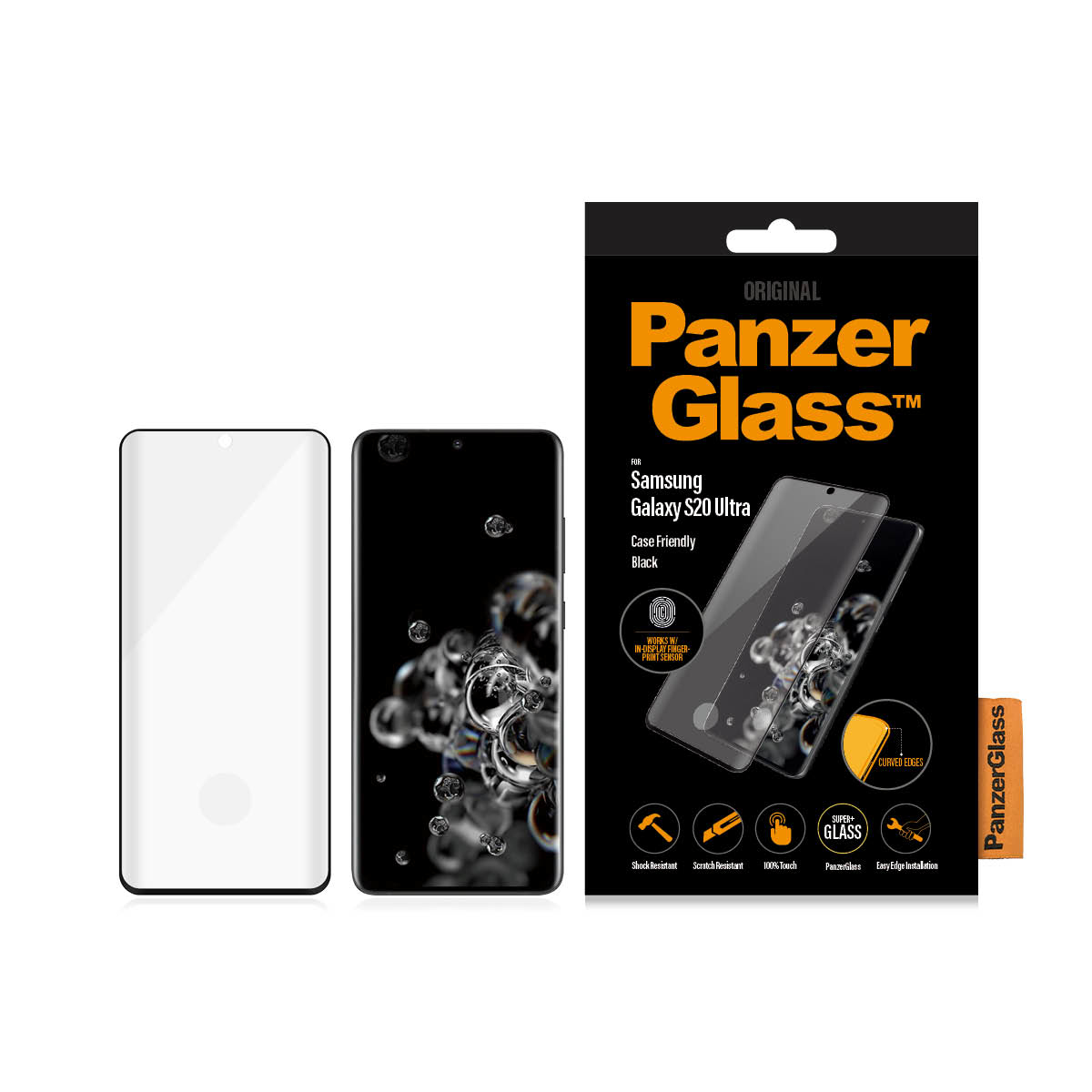 Proteggi schermo Panzer Glass e telefono, compatibile con custodia nera. Per Samsung Galaxy S20 Ultra. Sfondo bianco.