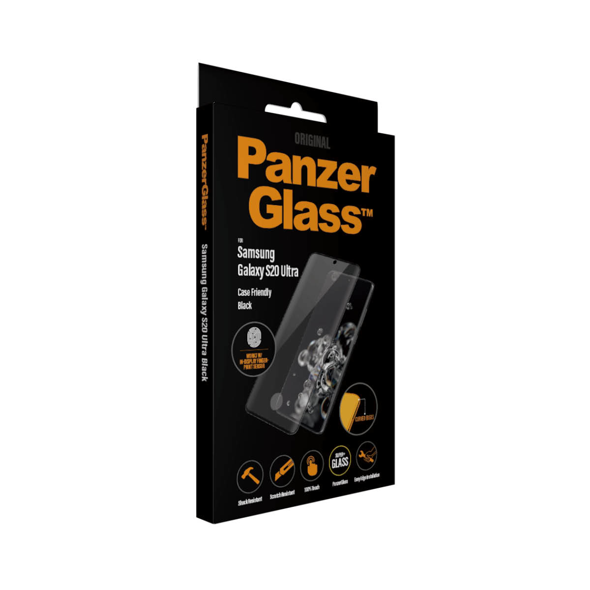 Scatola nera PanzerGlass per Samsung Galaxy S20 Ultra. Mostra il telefono. Include icone delle funzioni.