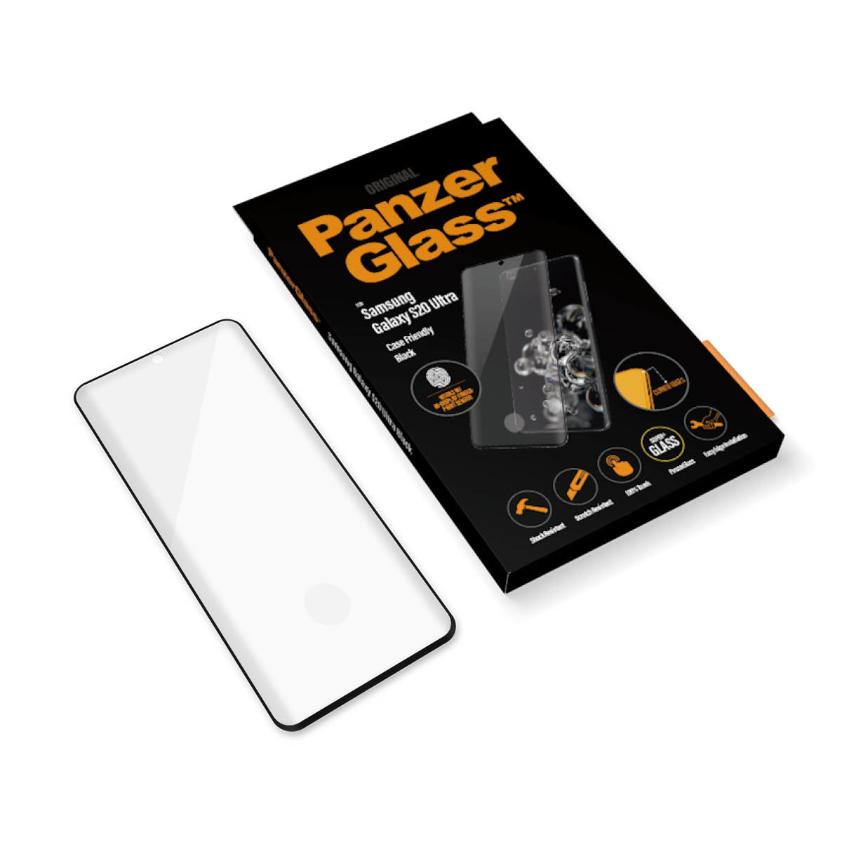 Scatola PanzerGlass e protezione schermo per Samsung Galaxy S20 Ultra. Protezione schermo bianca visibile.