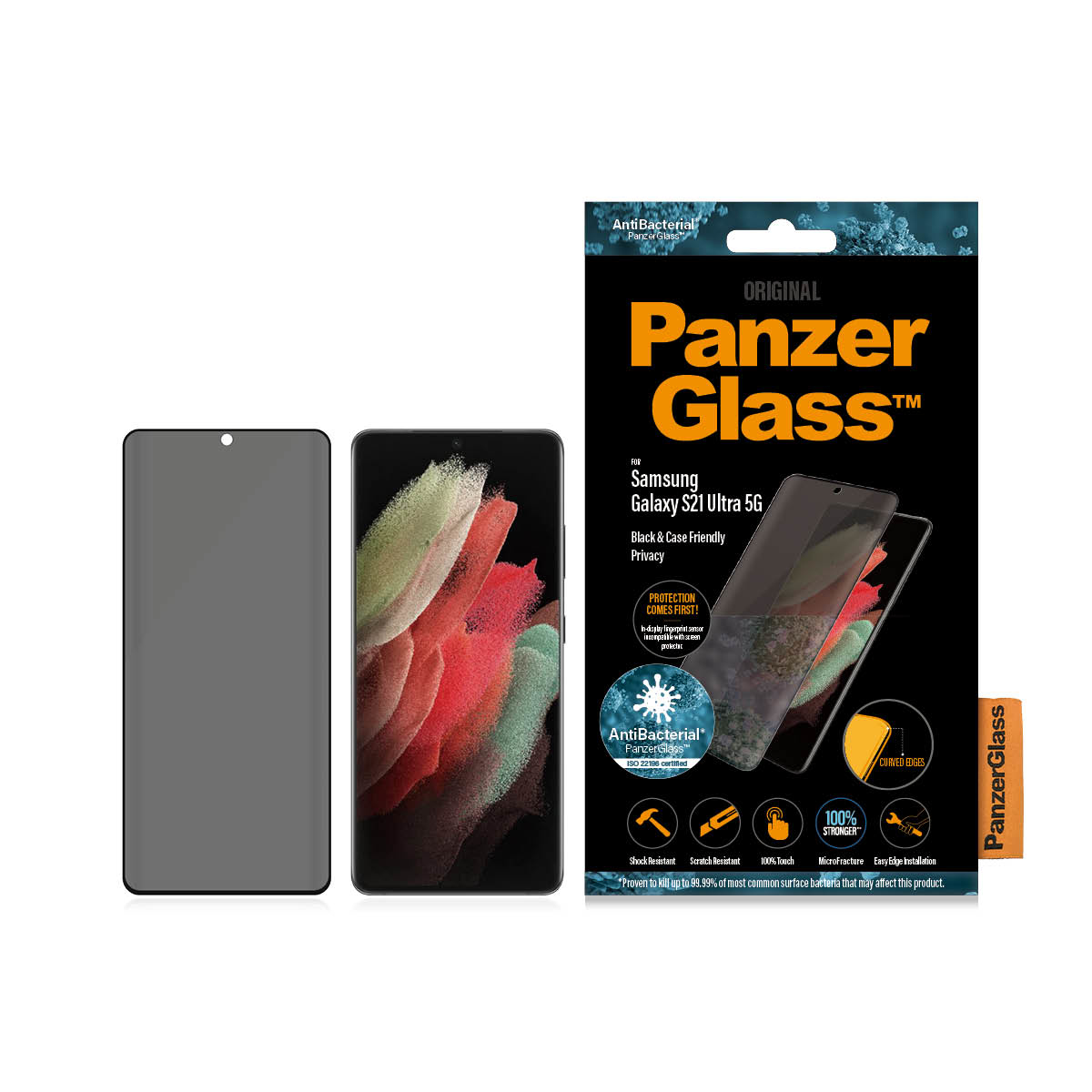 Samsung Galaxy S21 Ultra 5G z ochroną ekranu PanzerGlass obok pudełka. Ekran prywatności.
