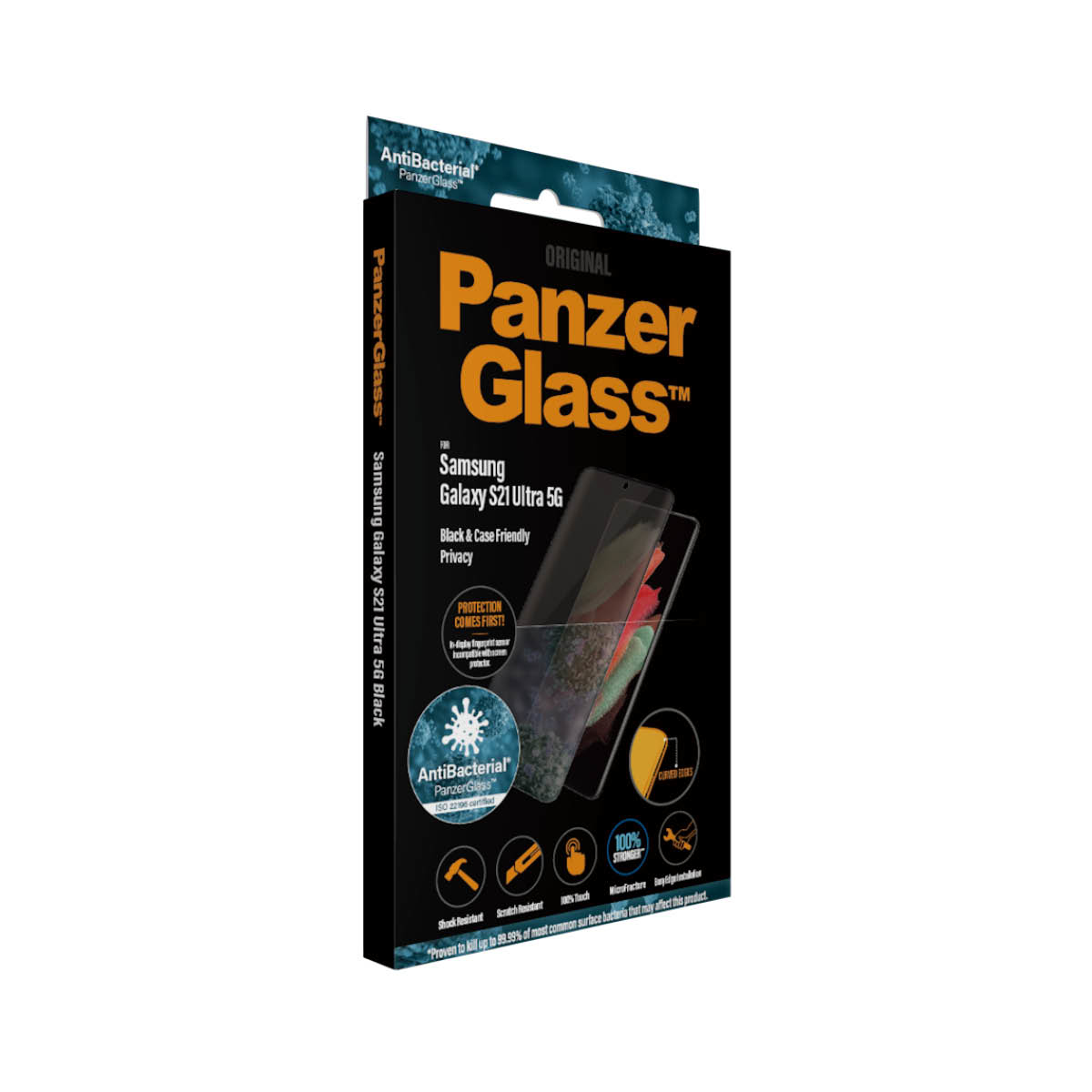 Pudełko PanzerGlass dla Samsung Galaxy S21 Ultra 5G. Telefon w pudełku i ochrona prywatności.