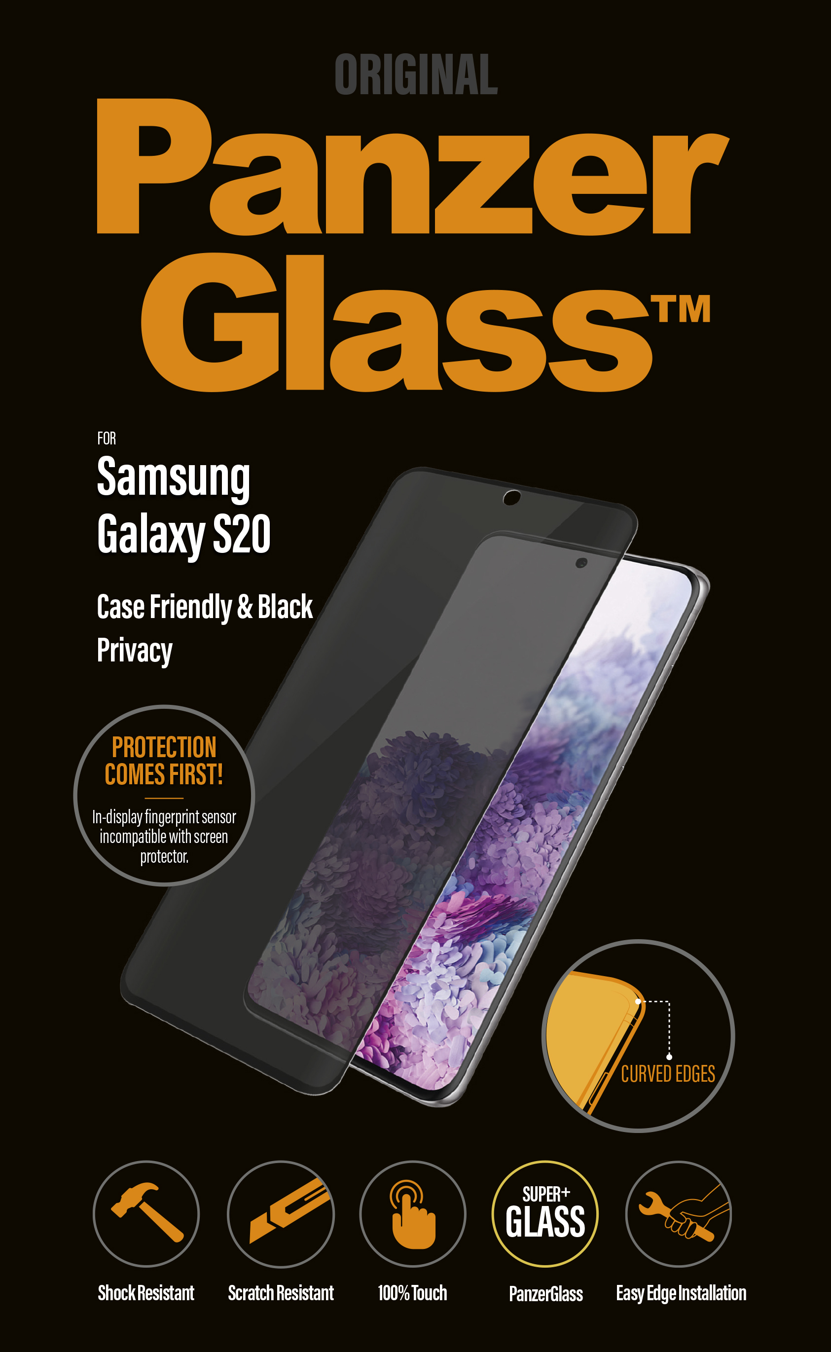 Czarne tło z reklamą PanzerGlass. Pokazuje telefon i osłonę ekranu. Czarny telefon i osłona.