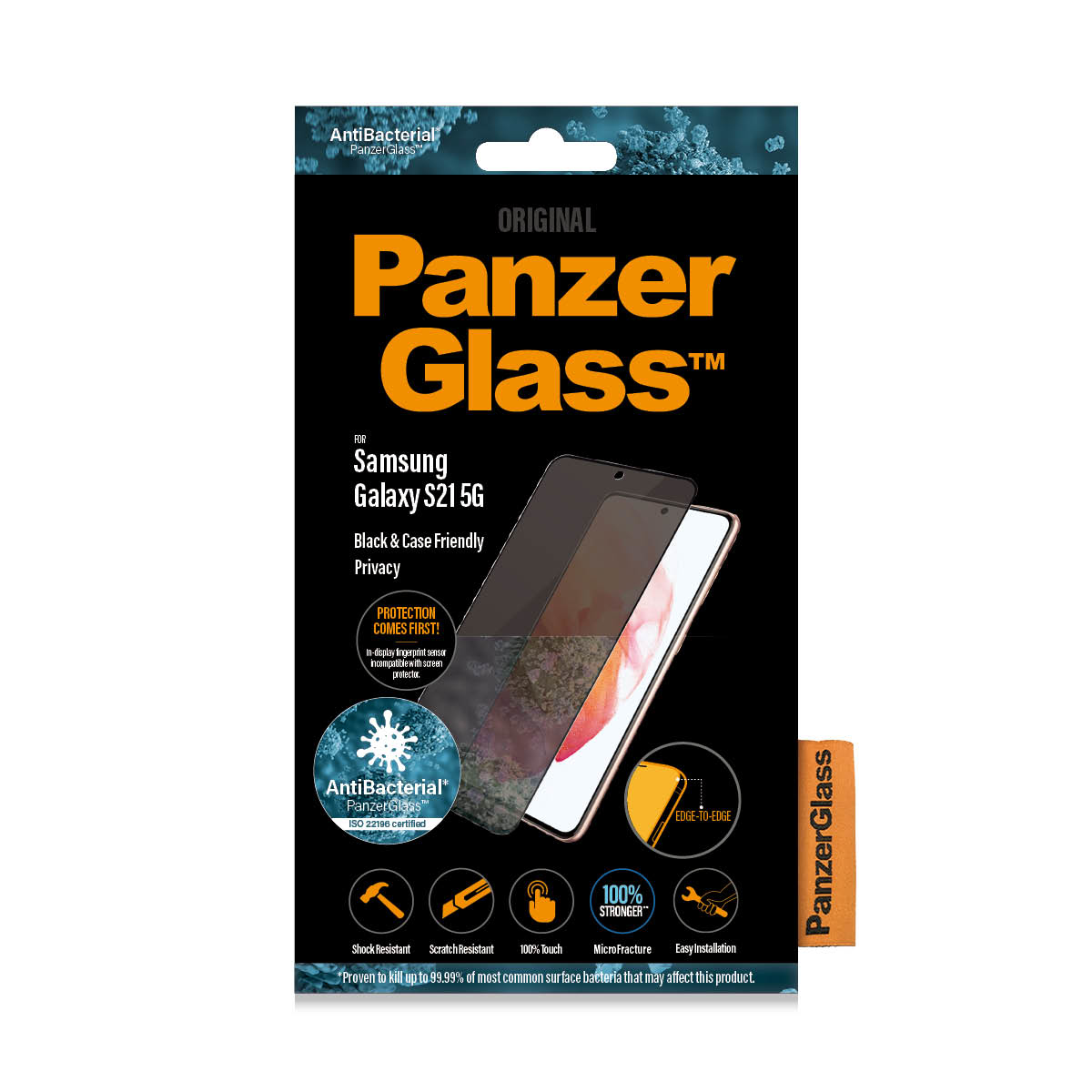 Scatola PanzerGlass per Samsung Galaxy S21 5G. Protezione schermo privacy nera e compatibile.