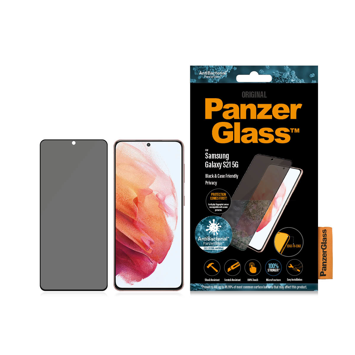 Samsung Galaxy S21 5G con protezione schermo PanzerGlass accanto alla scatola. Schermo privacy.