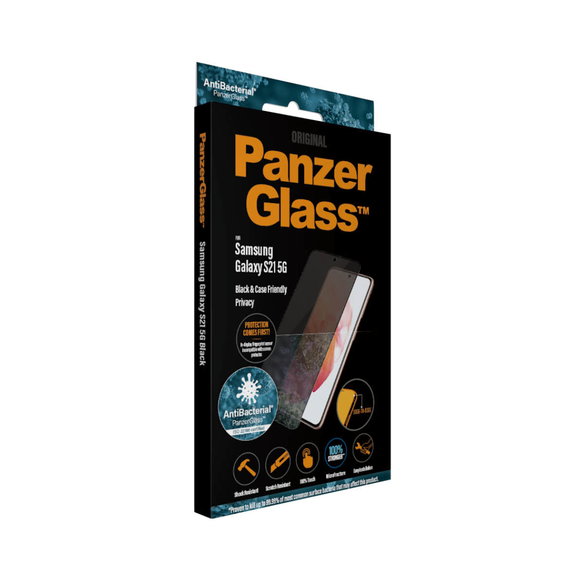 Scatola PanzerGlass per Samsung Galaxy S21 5G. Telefono nella scatola e protezione schermo privacy.