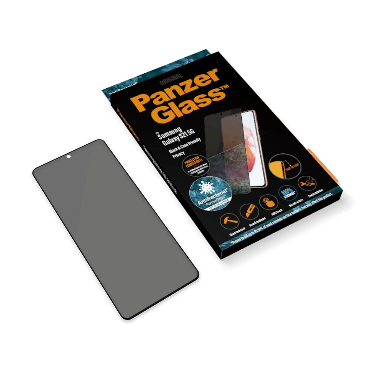 Scatola PanzerGlass e protezione schermo per Samsung Galaxy S21 5G. Protezione schermo privacy visibile.