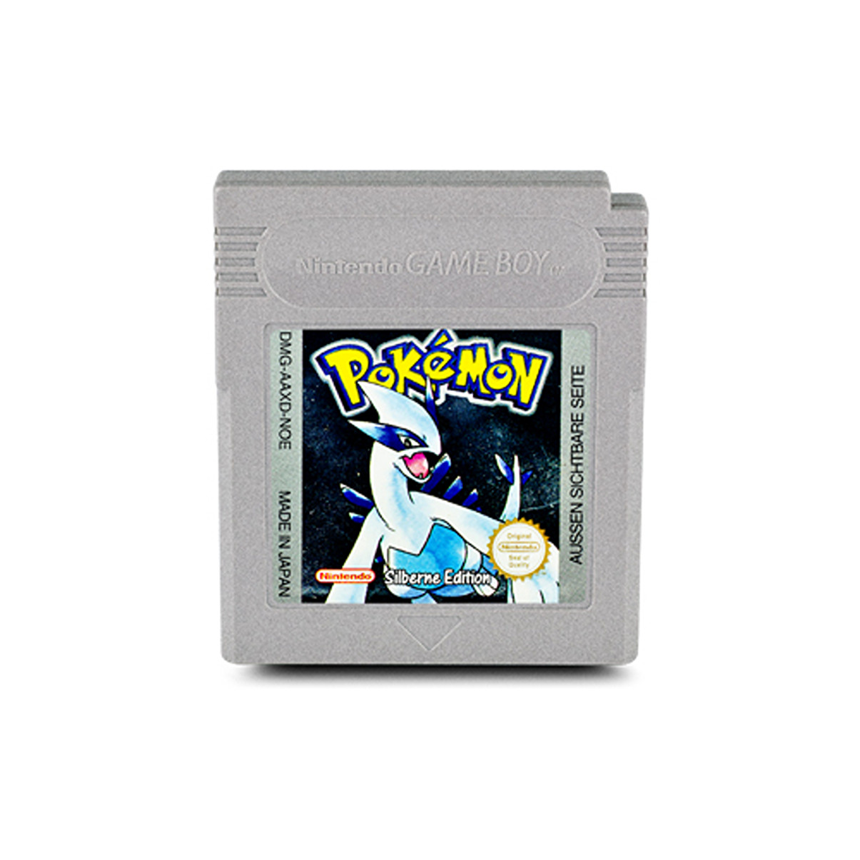 Game Boy-Cartridge für Pokémon Silberne Edition. Graue Cartridge, Label mit Pokémon und Lugia-Bild.