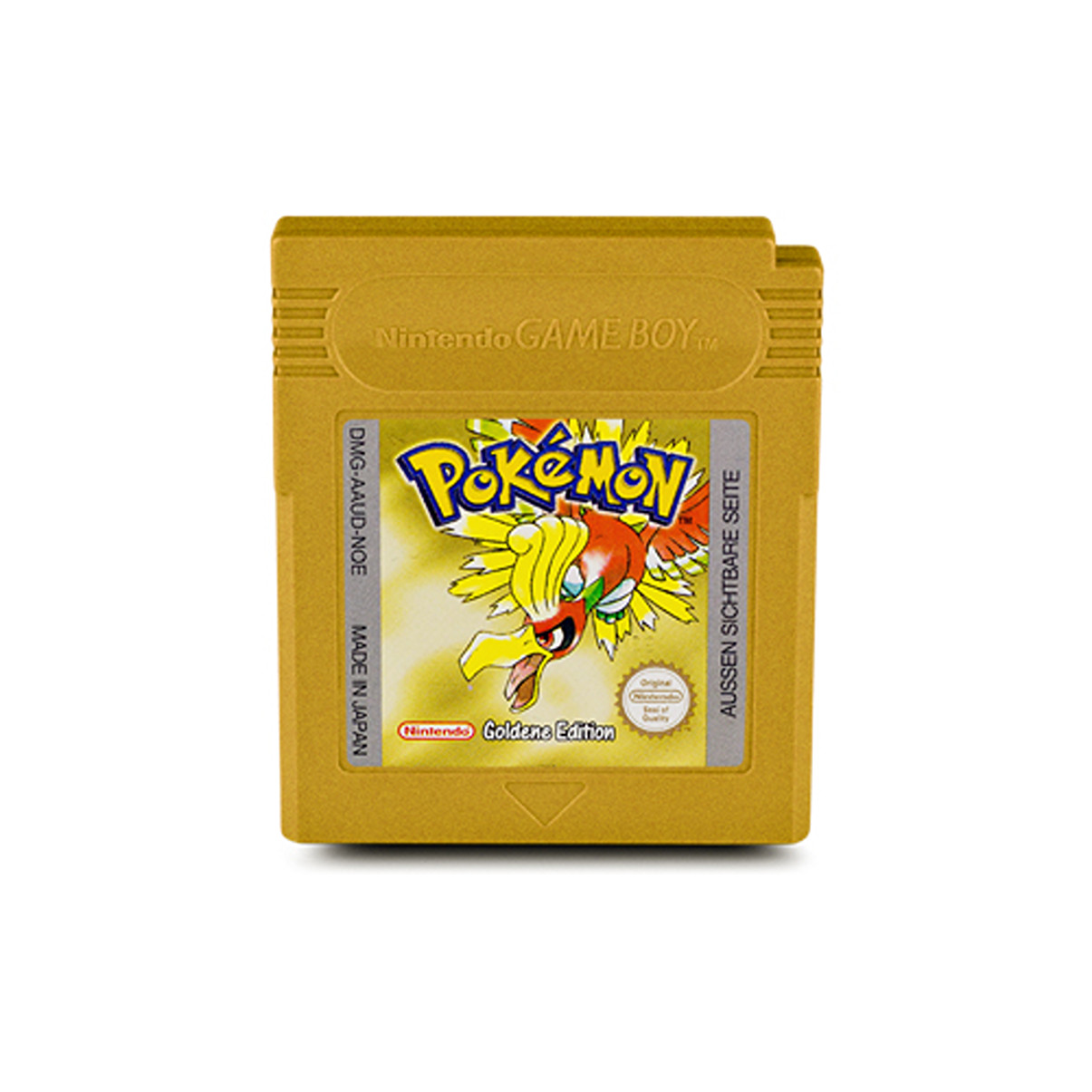 Pokémon Gold Spielmodul, gelbe Farbe, mit Etikett, weißer Hintergrund.