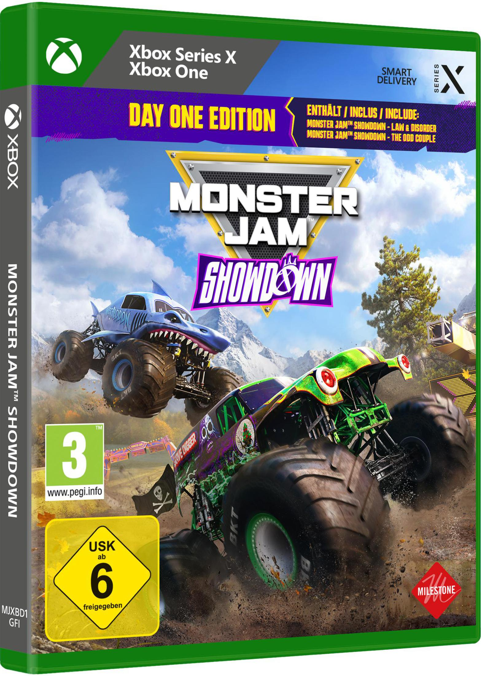 Xbox Series X-Spielbox für Monster Jam Showdown. Zeigt Monstertrucks auf dem Cover, grün und blau.
