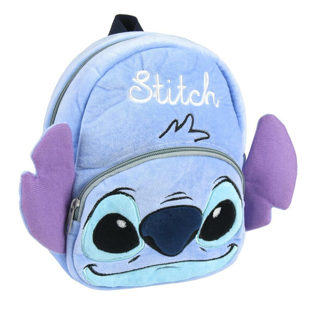 Blauer Stitch-Rucksack. Der Rucksack hat Stitchs Gesicht, Ohren und den Schriftzug 'Stitch'.