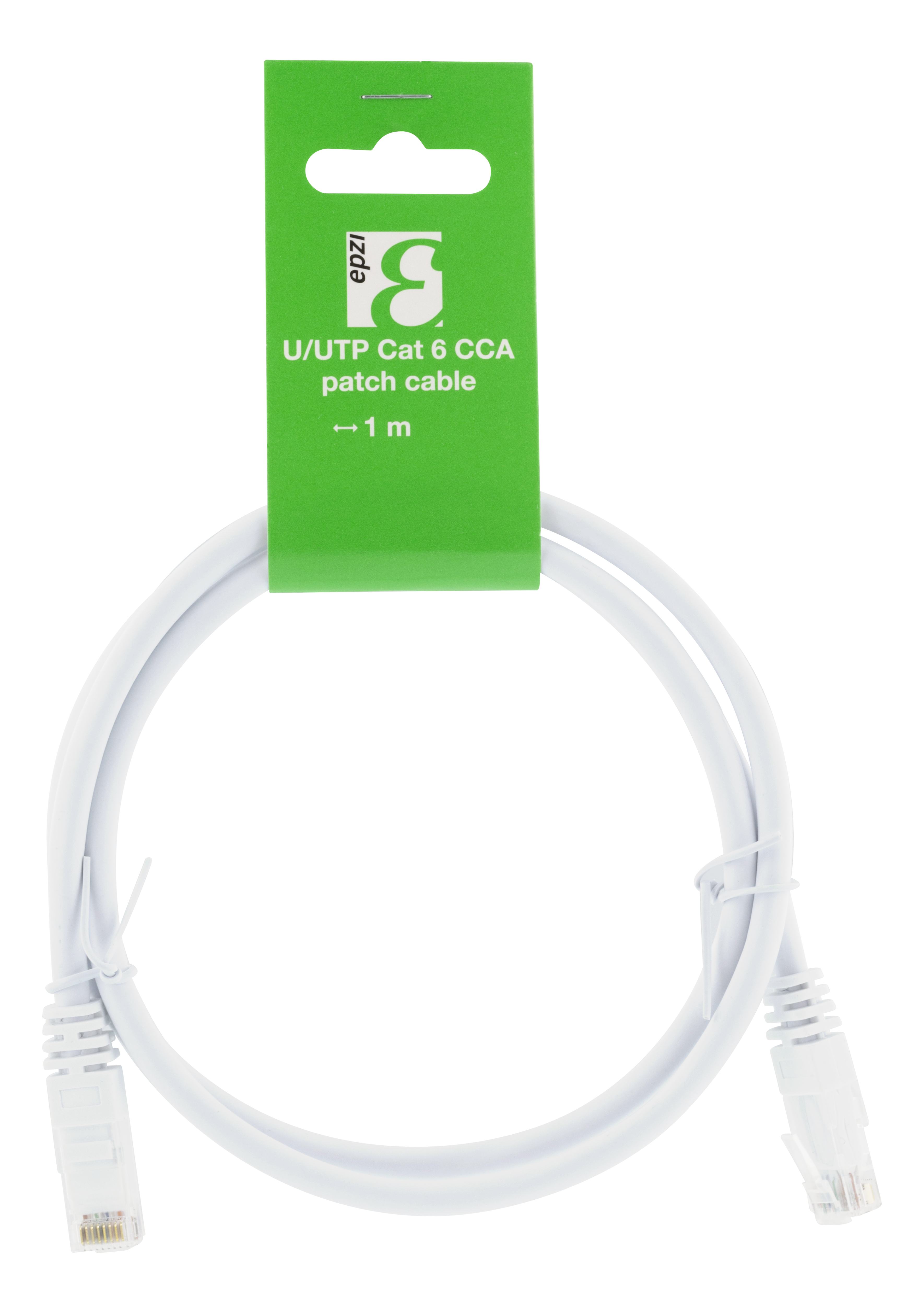 Cavo di rete bianco con etichetta verde. Sfondo bianco.