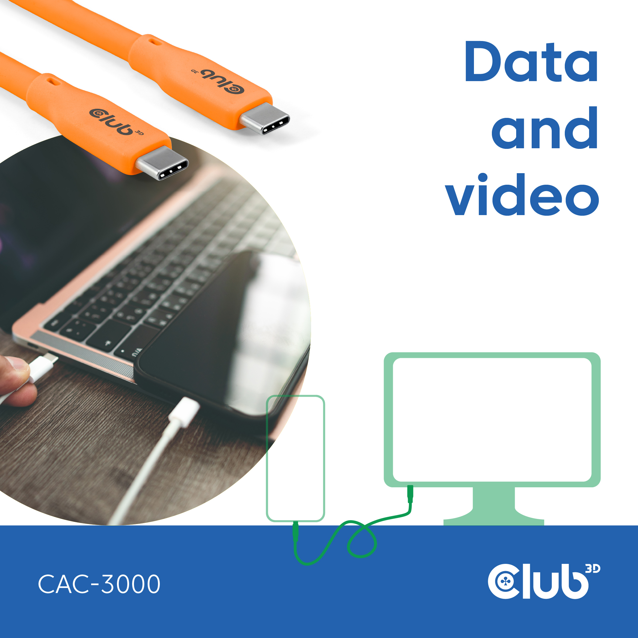 Oranje USB-C-kabels aangesloten op een laptop en een monitor, met tekst.