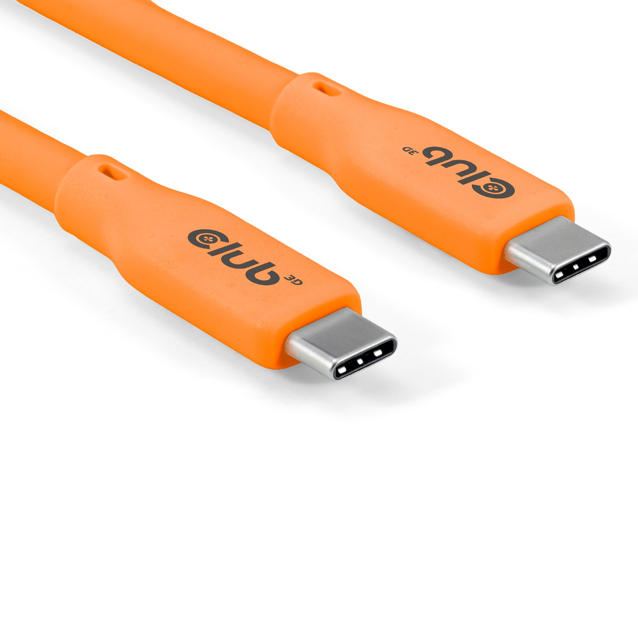 Oranje USB-C-kabel. Club 3D-merk op de kabel. Witte achtergrond.