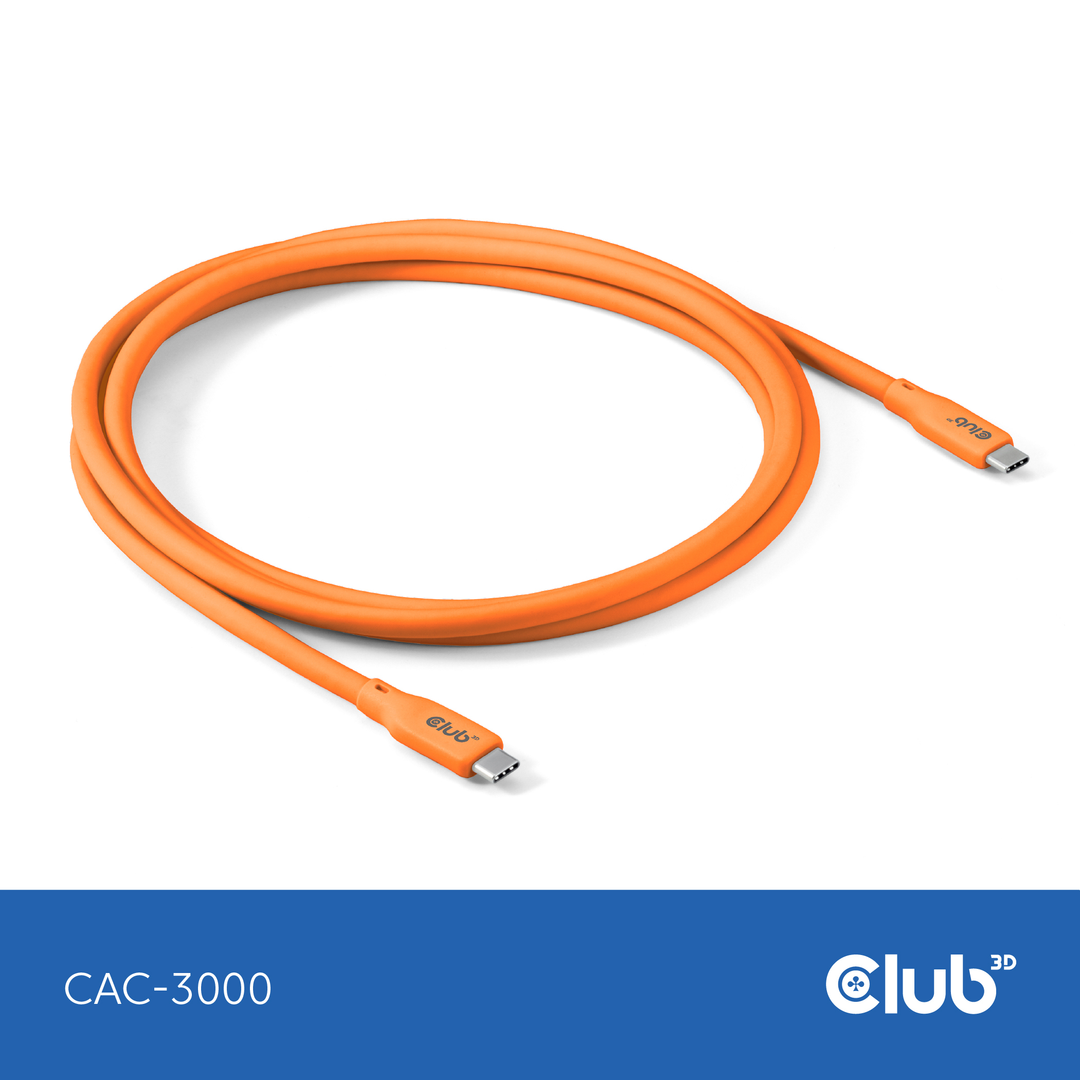 Oranje USB-C-kabel, twee USB-C-connectoren, witte achtergrond, met het Club 3D-logo.