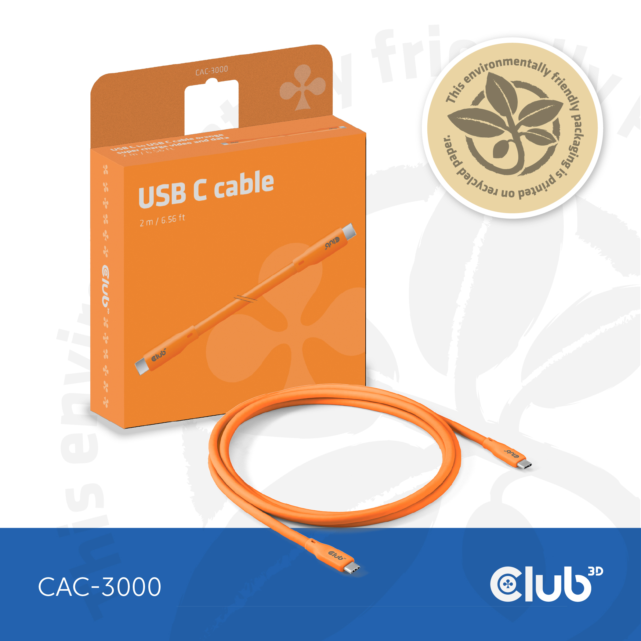 Een oranje USB-C kabel in een doos. De doos is oranje met tekst en een kabelafbeelding.