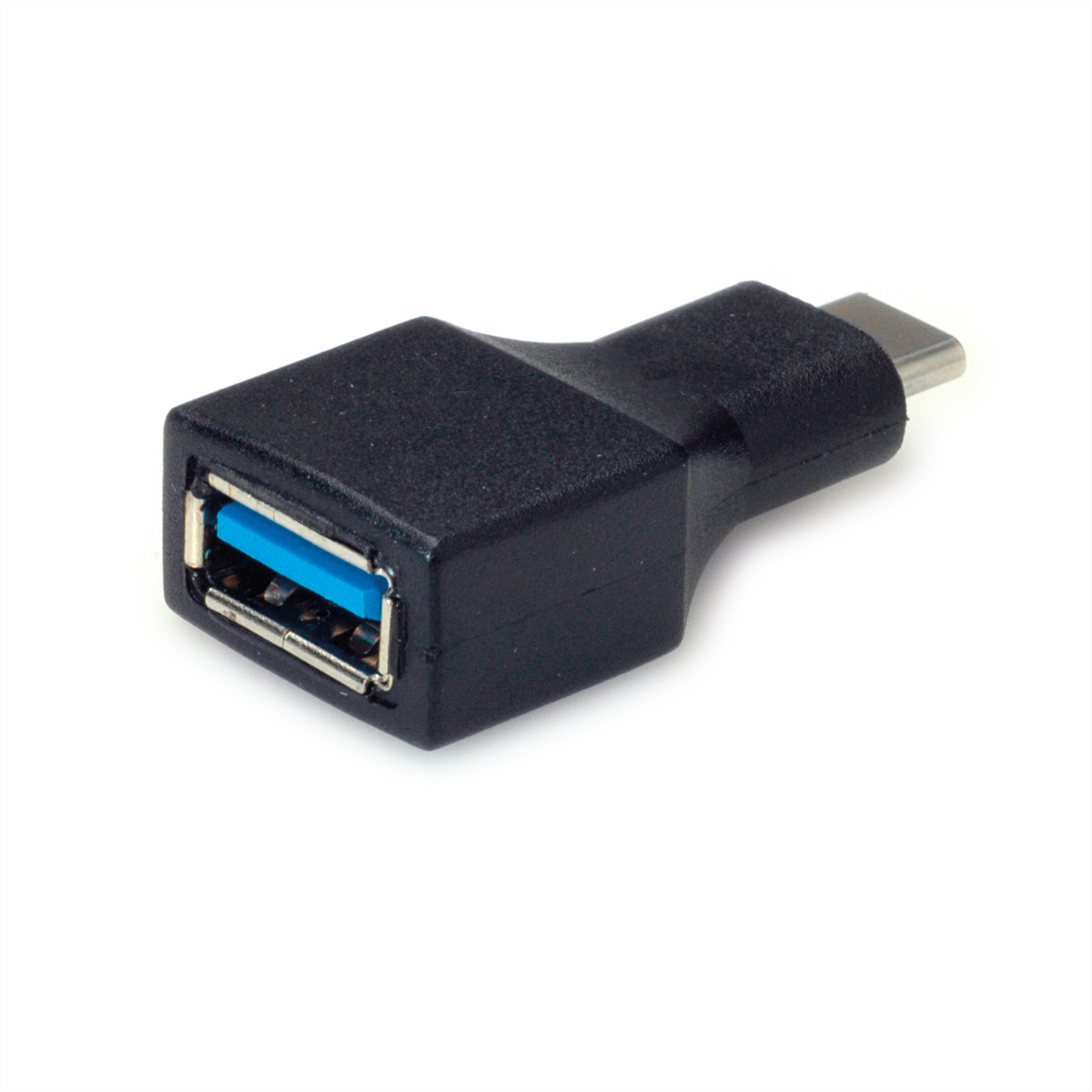 Adattatore da USB a USB-C nero. Porta blu. Sfondo bianco.