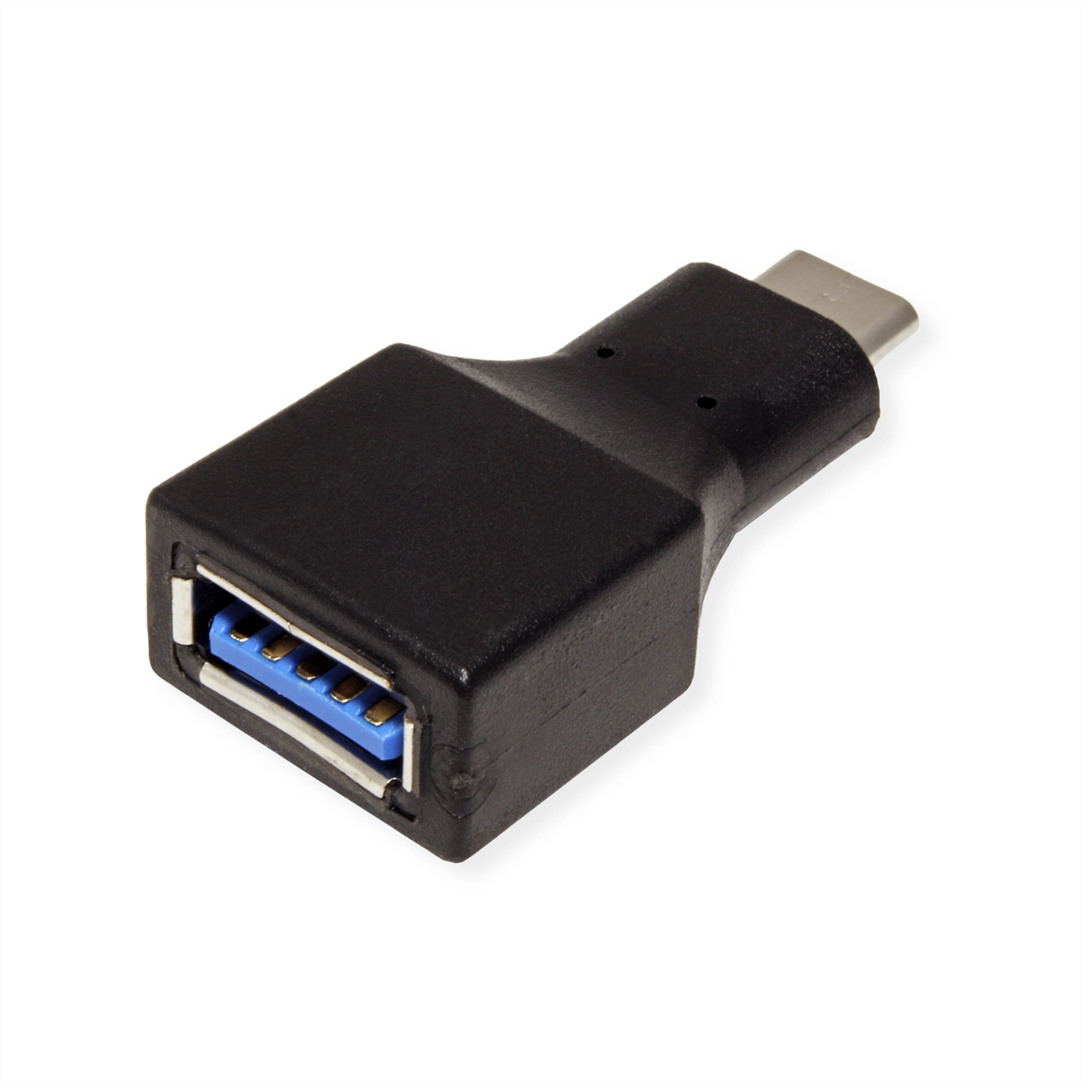 Adattatore USB nero con connettori USB-A e USB-C. La porta USB-A è blu.