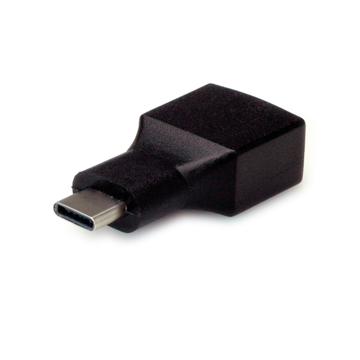 Adattatore USB-C nero su sfondo bianco. È un adattatore quadrato con bordi arrotondati.