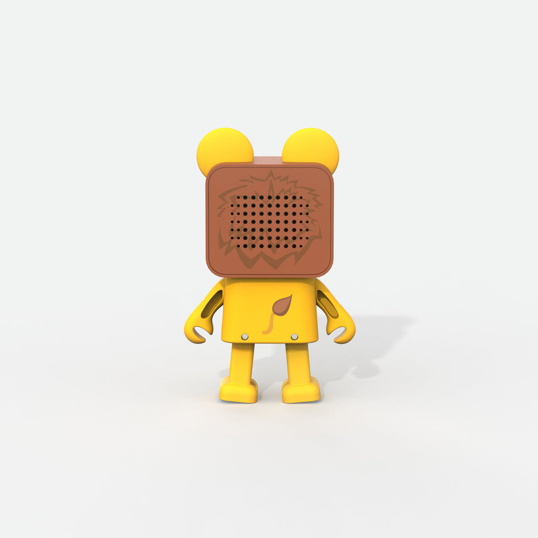 Gelber roboterartiger Lautsprecher mit Löwenmähnen-Design auf dem Kopf, auf weißem Hintergrund.