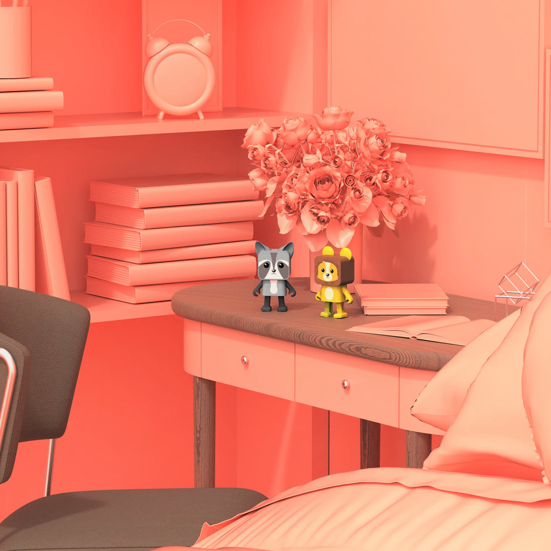 Ein rosa Raum mit Cartoonfiguren auf einem Schreibtisch, Büchern, Blumen und einem Bett.